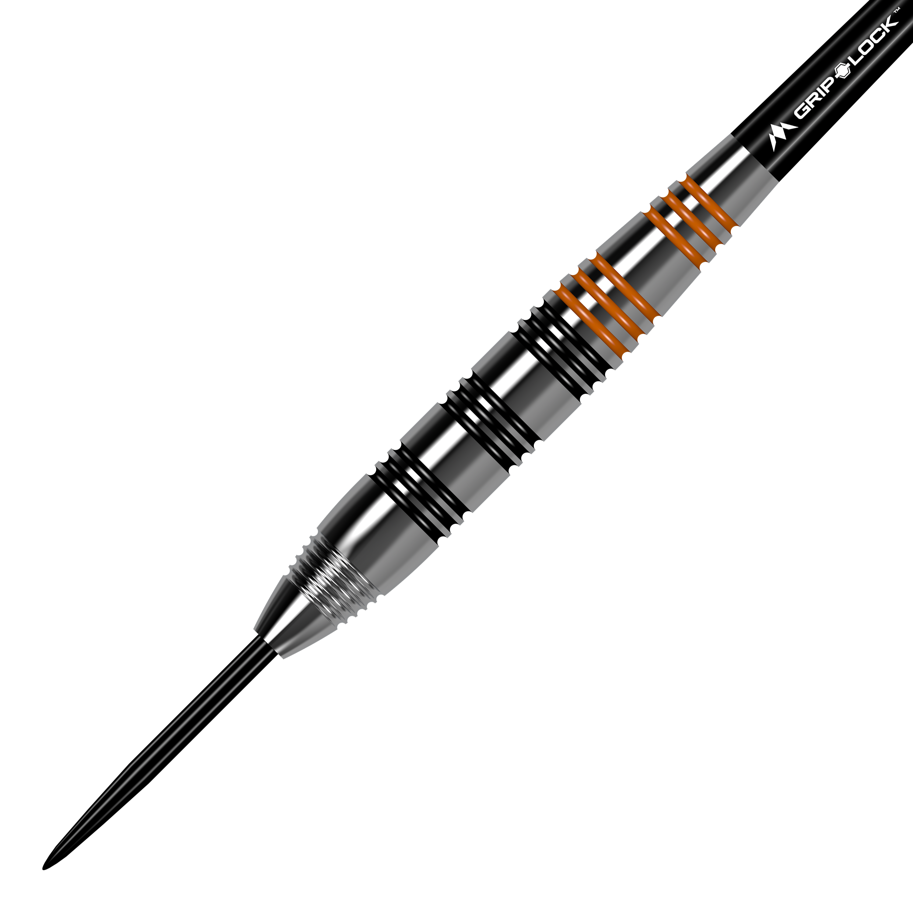 Mission Javan Brass Steel Darts - 22g Das Bild zeigt einen Mission Javan Brass Steeldart mit einem Gewicht von 22 Gramm. Der Dart hat silberne und schwarze Rillen sowie einige orangefarbene Ringe am Griff.