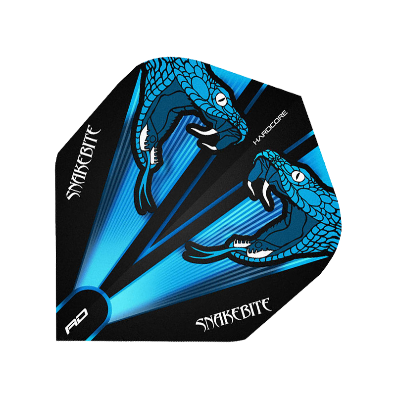 Peter-Wright-blue Das Bild zeigt ein Dartflight mit auffälligem blauen Schlangenmotiv und der Aufschrift "Snakebite". Das Produkt ist von RedDragon und gehört zur Peter Wright Serie.