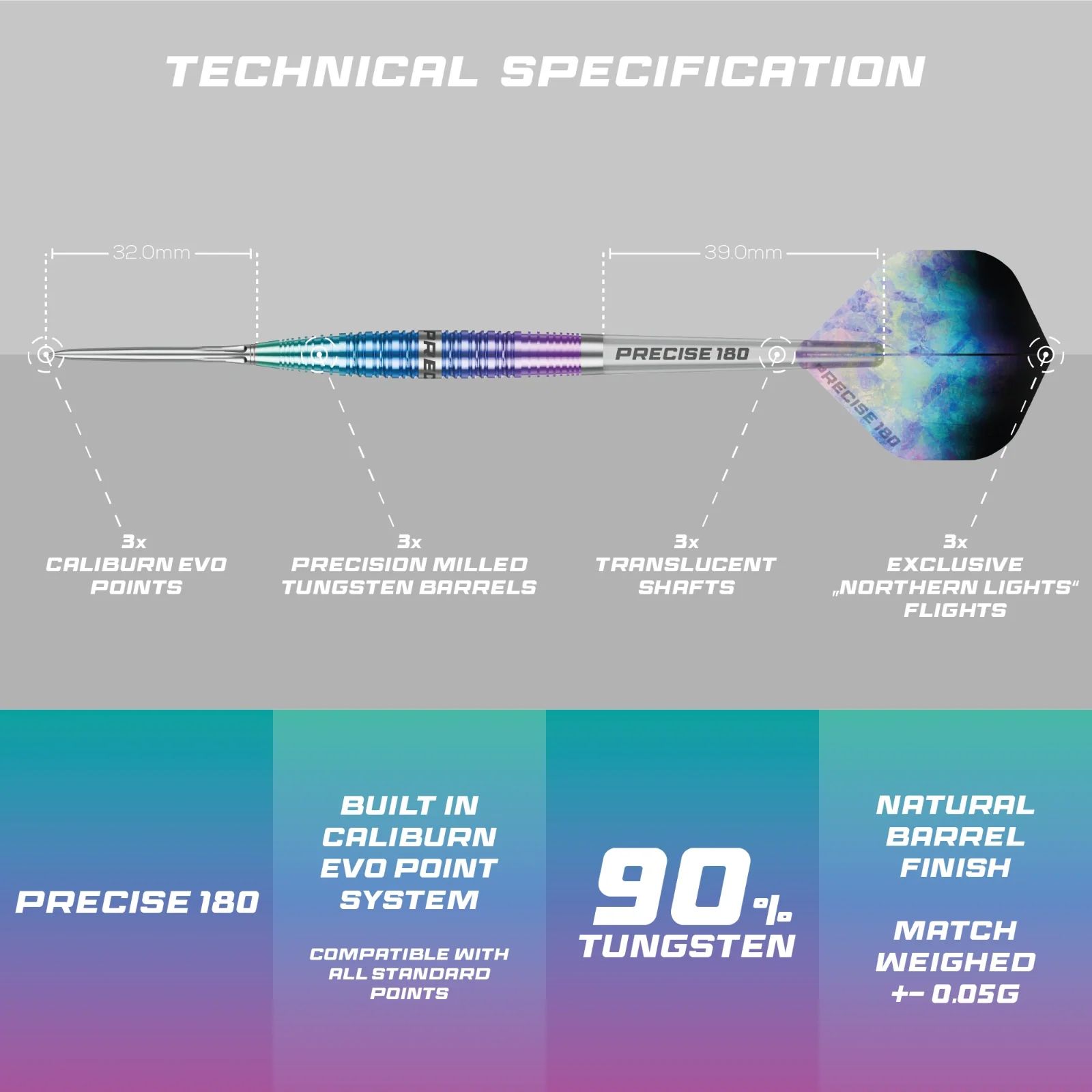 Zu sehen sind die Precise 180 Northern Lights Steeldarts. Diese Steeldarts überzeugen durch hochwertige Verarbeitung.
