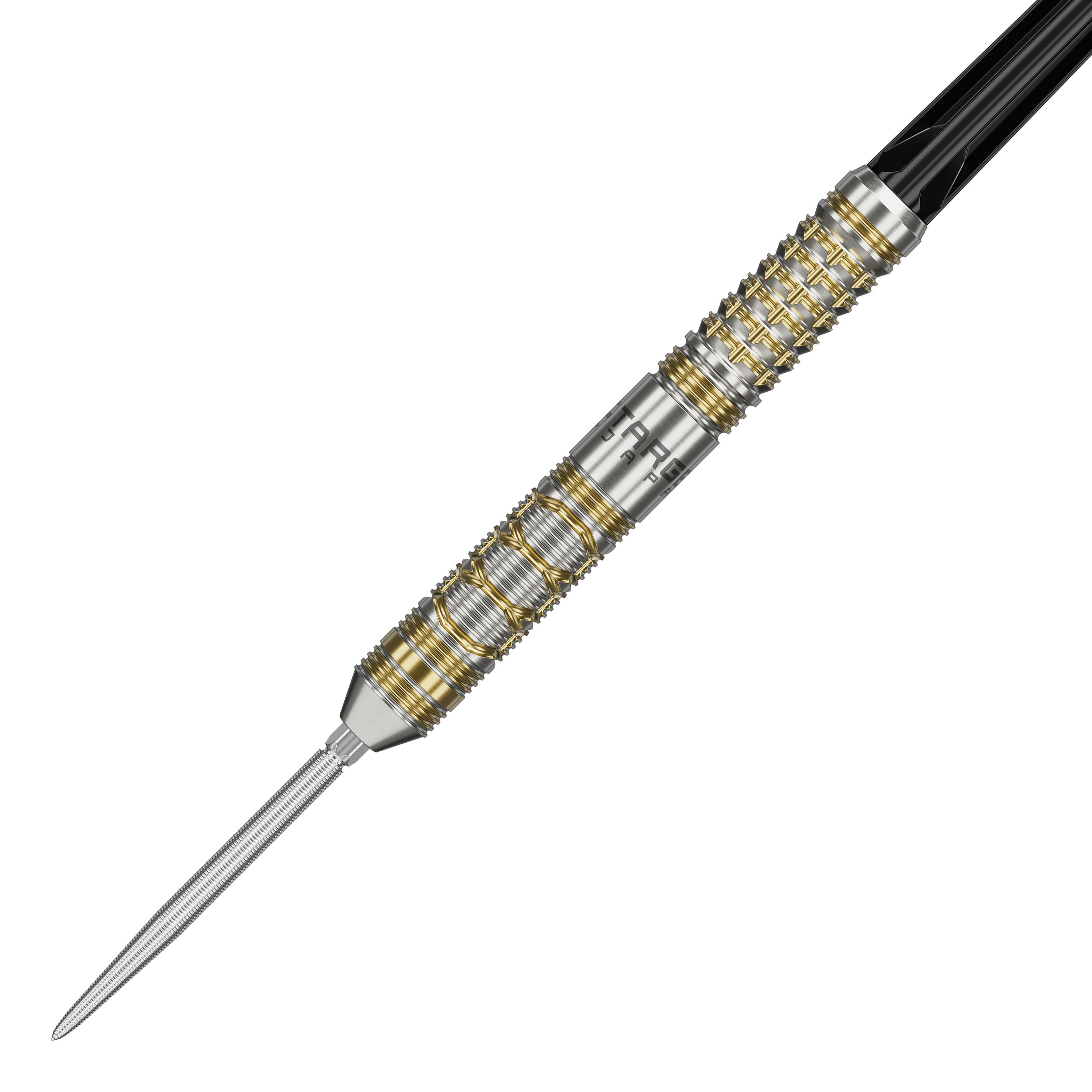 Das Bild zeigt einen eleganten Steeldart mit silbernen und goldenen Akzenten. Es handelt sich um das Produkt "Target Japan Black Marque Reyn GEN2 Steeldarts".