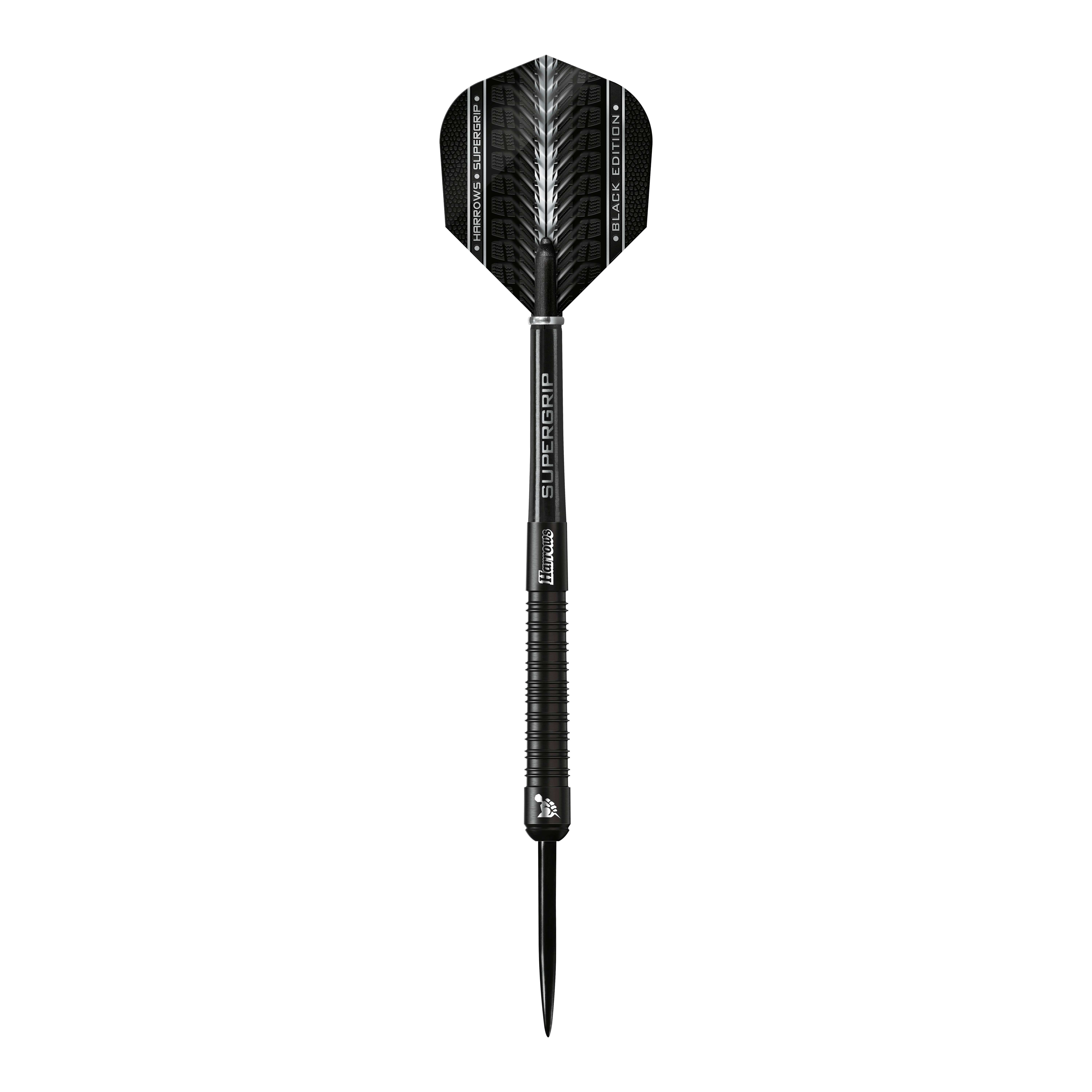 Harrows Supergrip Black Edition steel darts Das Bild zeigt einen schwarzen Steeldart der Marke Harrows Supergrip Black-Edition. Der Dart hat ein elegantes, komplett schwarzes Design mit feinen silbernen Akzenten.