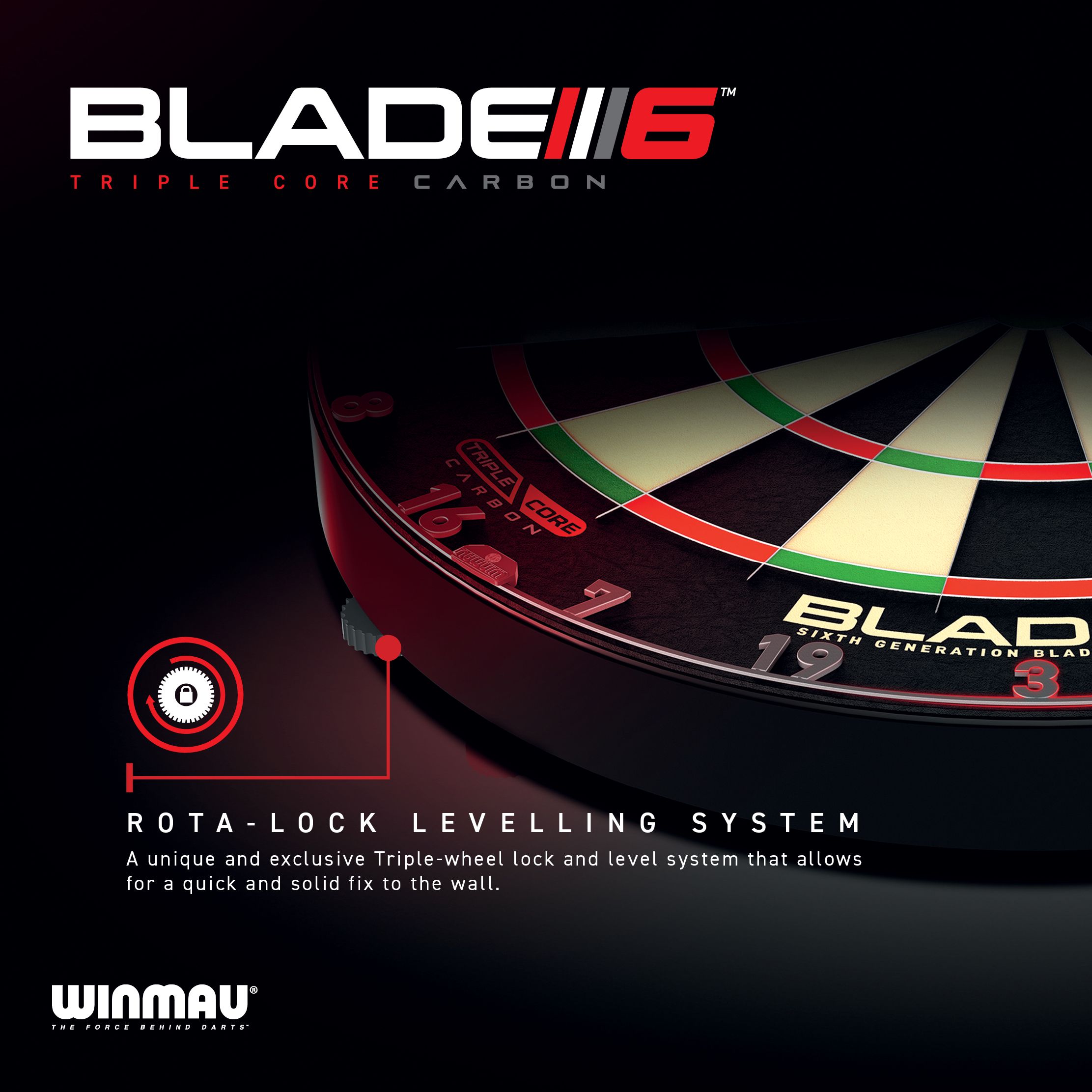 Dieses Bild zeigt das Winmau Blade 6 Triple Core Set mit PDC Surround und 2 Sets Darts. Das komplette Set eignet sich ideal für Anfänger und Profis.