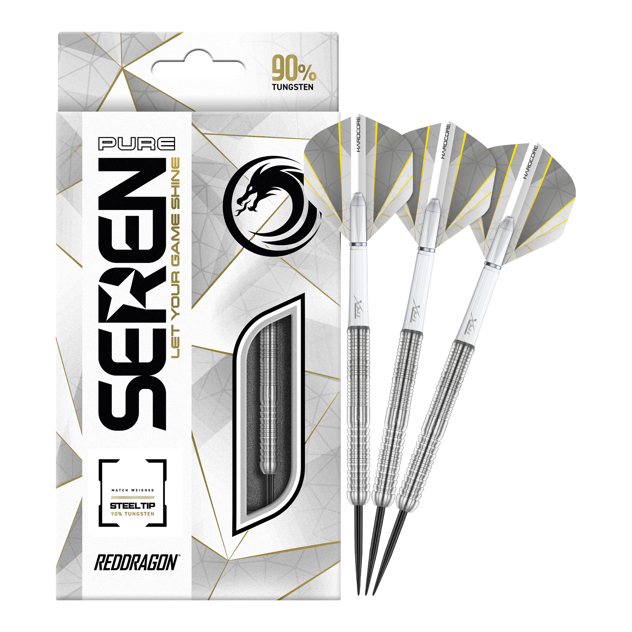 Red Dragon Seren 1 Pure Steeldarts Auf dem Bild sind die Red Dragon Seren 1 Pure Steeldarts und ihre Verpackung zu sehen. Die Darts bestehen zu 90 % aus Tungsten und haben ein elegantes, silbernes Design.
