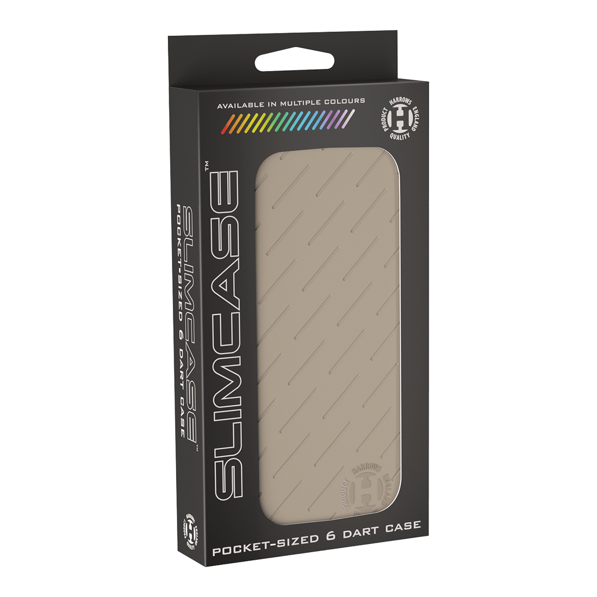 Harrows Slimcase Dart Case Die Abbildung zeigt eine Harrows Slimcase Darttasche in Steingrau, verpackt in einer schwarzen Box. Die Tasche ist für sechs Darts geeignet und passt in die Hosentasche.