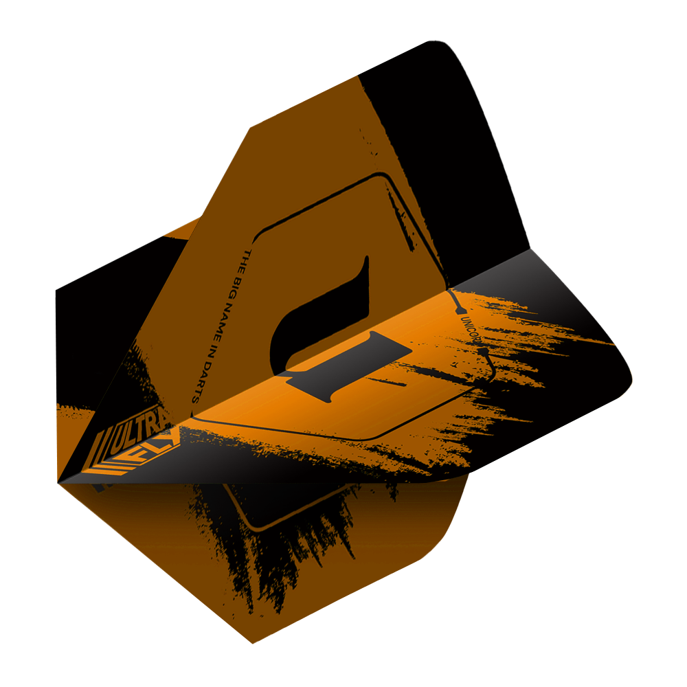 Unicorn Ultrafly 100 Team Unicorn Big Wing Flights - Orange Das Bild zeigt ein orangefarbenes Dart-Flight mit schwarzem Muster und dem Schriftzug „ULTRAFLY“. Das Produkt ist das „Unicorn Ultrafly 100 Team Unicorn Big Wing Flights – Orange“.