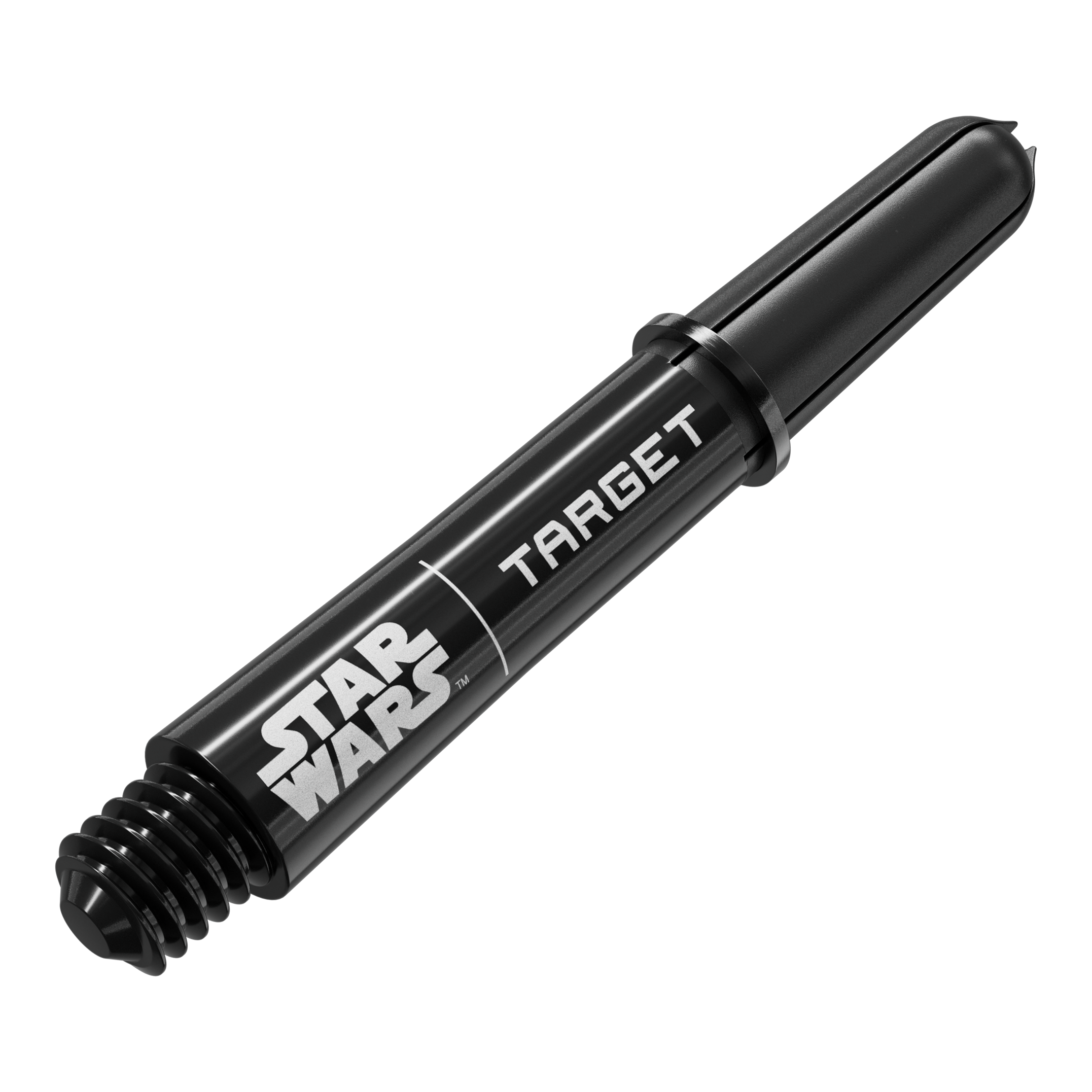 Target Star Wars ProGrip Shafts - Black Das Bild zeigt das Produkt mit dem Dateinamen 380420_Target_StarWars_ProGrip_Shafts_Schwarz_Short_34mm_2. Es handelt sich wahrscheinlich um schwarze, kurze Dartshafts mit Star Wars-Design.