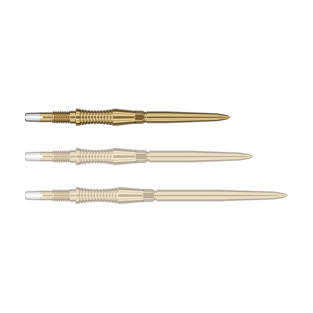 Das Bild zeigt eine Darts-Spitze von Target in Gold, vermutlich aus der Swiss Point Signature RST Serie mit 30mm Länge. Die Spitze hat ein detailliertes Design und reflektiert das Licht.
