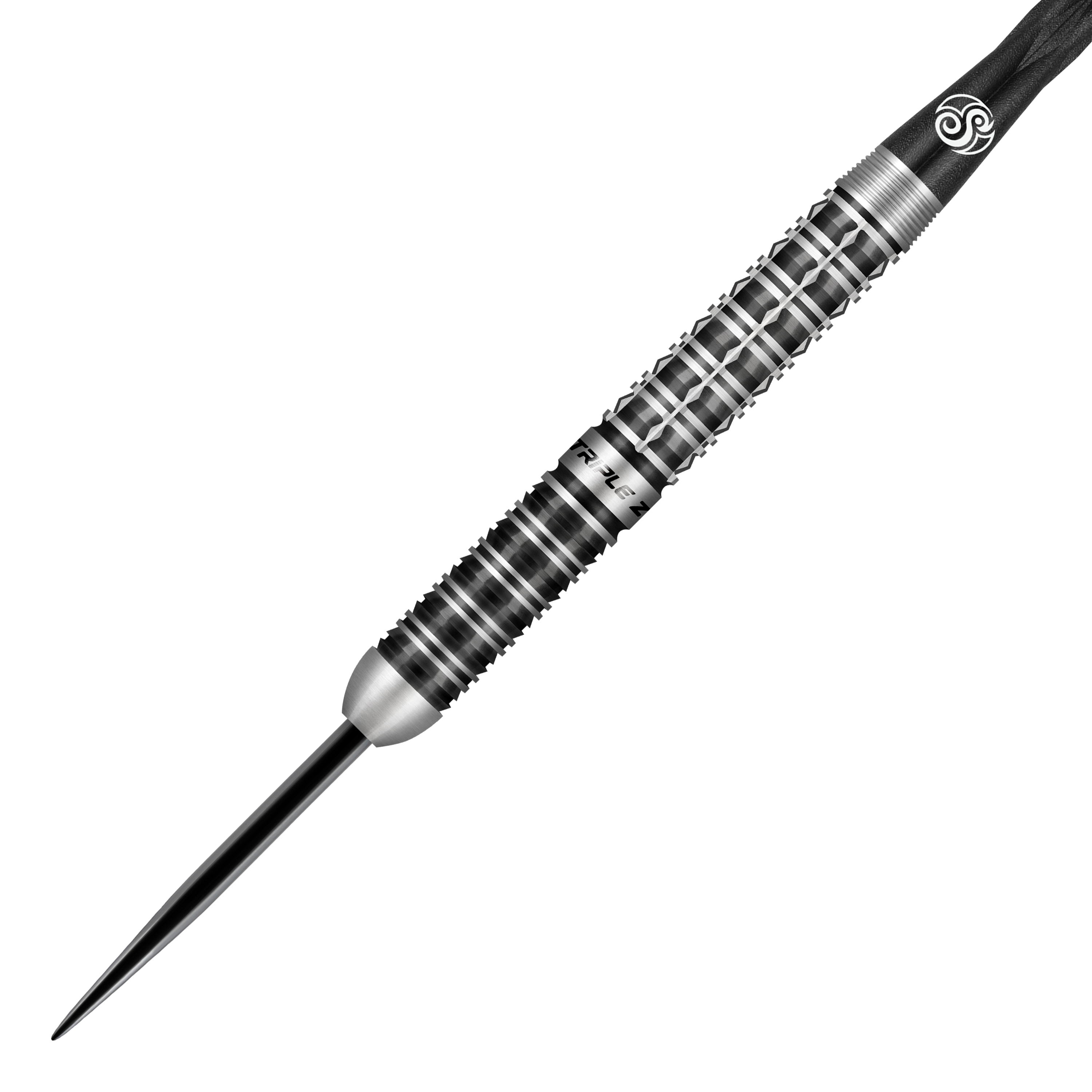 Das Bild zeigt einen Shot Niels Zonneveld V2 Steeldart. Der Dart hat ein silber-schwarzes, geriffeltes Design für besseren Halt.