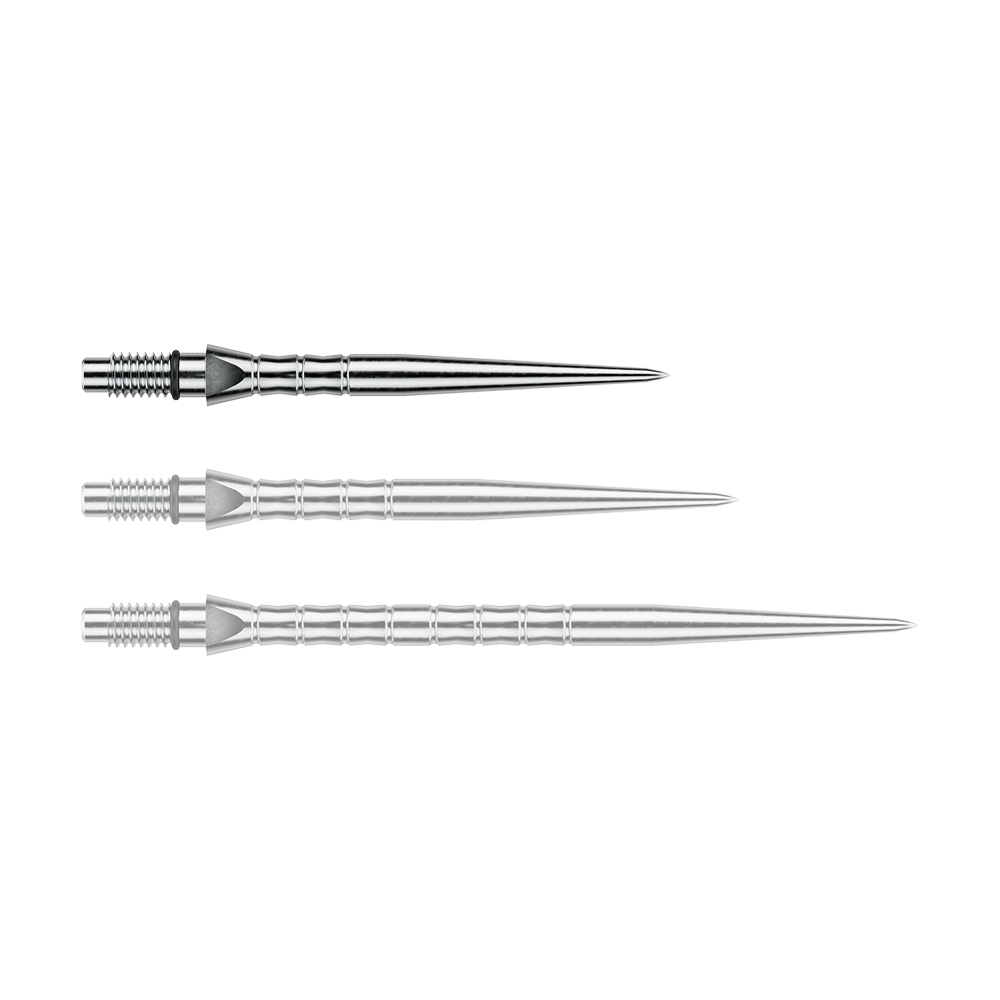 Das Foto zeigt Winmau Switch Point Wave Silver Effect Steeldartspitzen mit 26 mm. Die silberfarbenen Steeldartspitzen sind in der Nahaufnahme sichtbar.