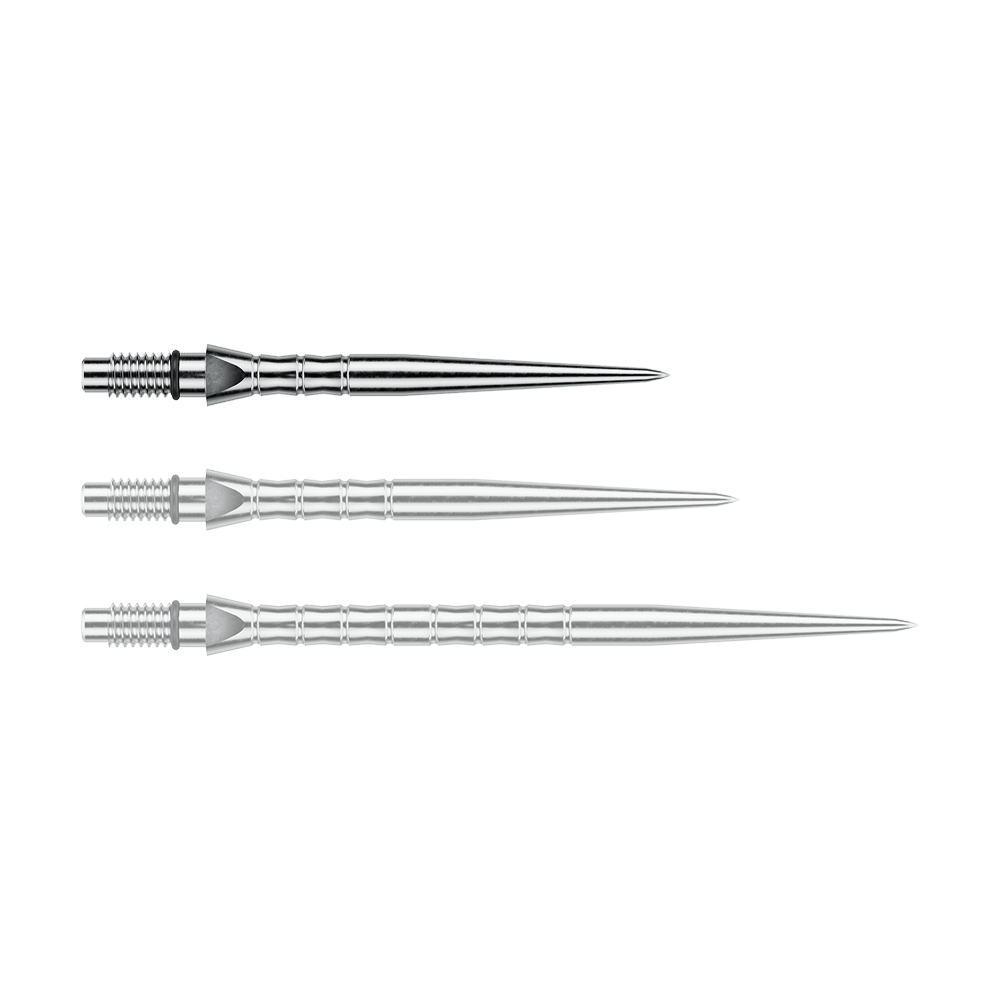 Winmau Switch Point Wave steel dart tips - Silver Effect Das Foto zeigt Winmau Switch Point Wave Silver Effect Steeldartspitzen mit 26 mm. Die silberfarbenen Steeldartspitzen sind in der Nahaufnahme sichtbar.