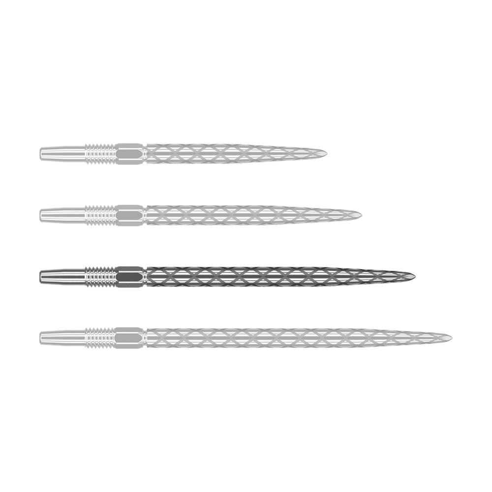 Target Swiss Diamond Pro Silver Points dart tips Das Bild zeigt vier silberne Dartspitzen, die nebeneinander liegen. Jede Spitze hat eine rautenförmige Struktur und ist aus Metall gefertigt.