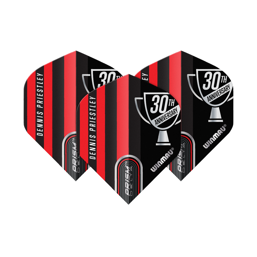 Winmau Prism Delta Dennis Priestley Diamond 3-Zero No2 Standard Flights Das Bild zeigt drei Dartflights der Marke Winmau in rot-schwarzem Design. Auf den Flights steht "Dennis Priestley" und "30th Anniversary".