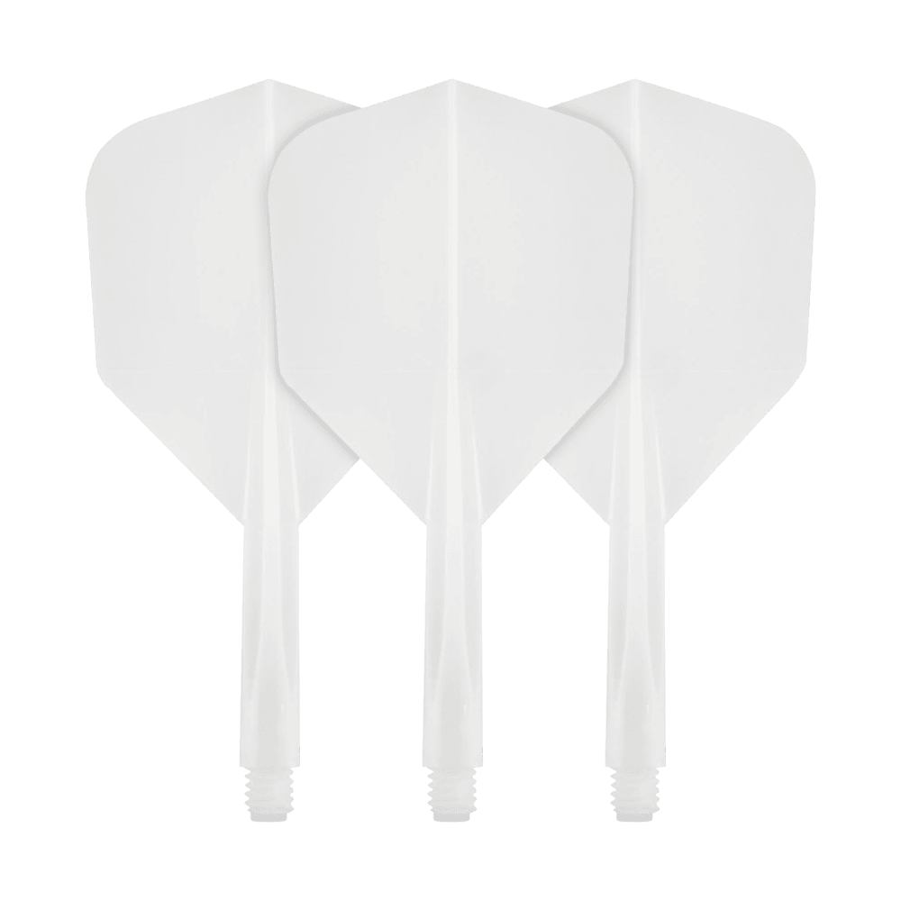 CO-0004_Condor_Axe_White_Flight-System_Small_1 Das Bild zeigt drei weiße Dartflights mit integriertem Schaft. Es handelt sich um das Produkt "Condor Axe White Flight-System Small".
