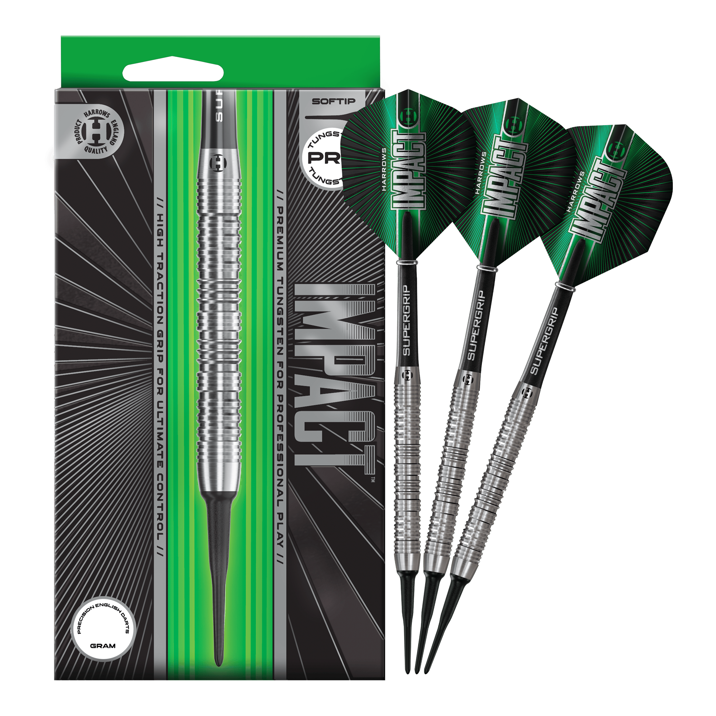 Auf dem Bild sind die Harrows Impact Softdarts komplett abgebildet. Das gesamte Produkt wird dargestellt.