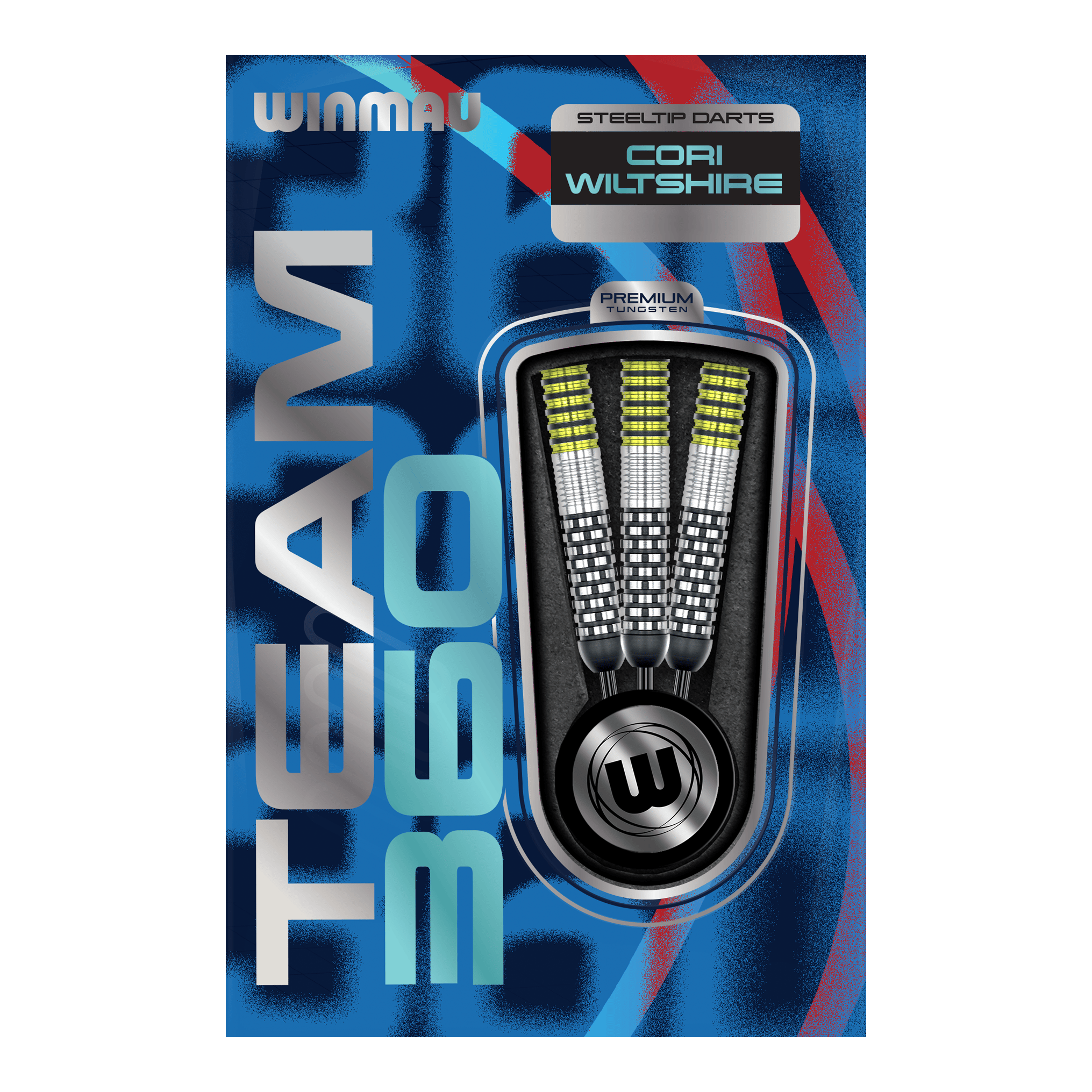 Gezeigt werden die Winmau Team 360 Cori Wiltshire Steeldarts, 24g schwer. Die Darts bieten hervorragende Kontrolle und Präzision beim Spielen.