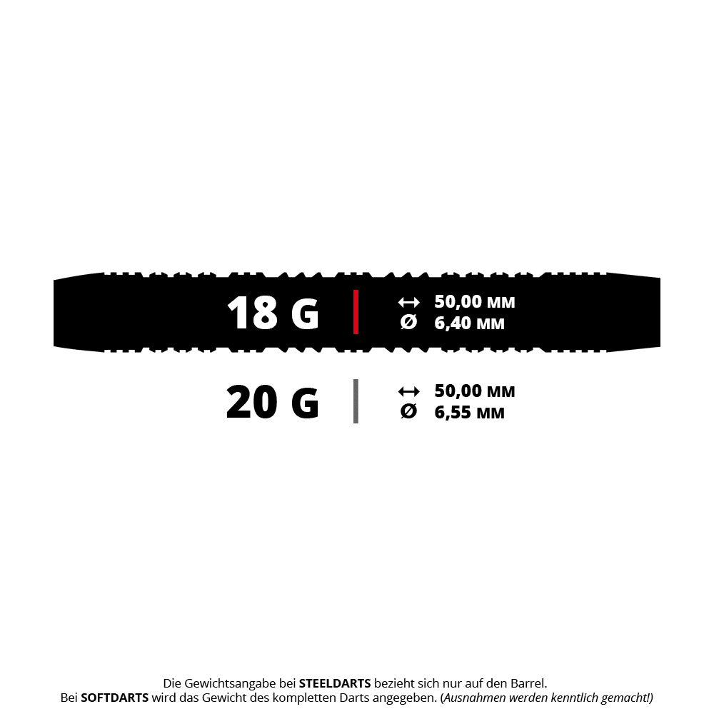 Illustration eines Harrows Impact Softdarts mit 18 Gramm Gewicht. Der Softdart ist für den Einsatz an elektronischen Dartscheiben geeignet.