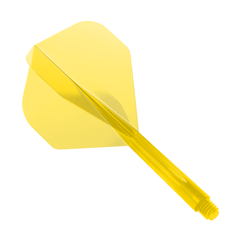 Das Bild zeigt das Produkt "Condor Axe Clear Yellow Flight-System Standard". Es handelt sich um eine transparente gelbe Dartflügel- und Schaft-Kombination.