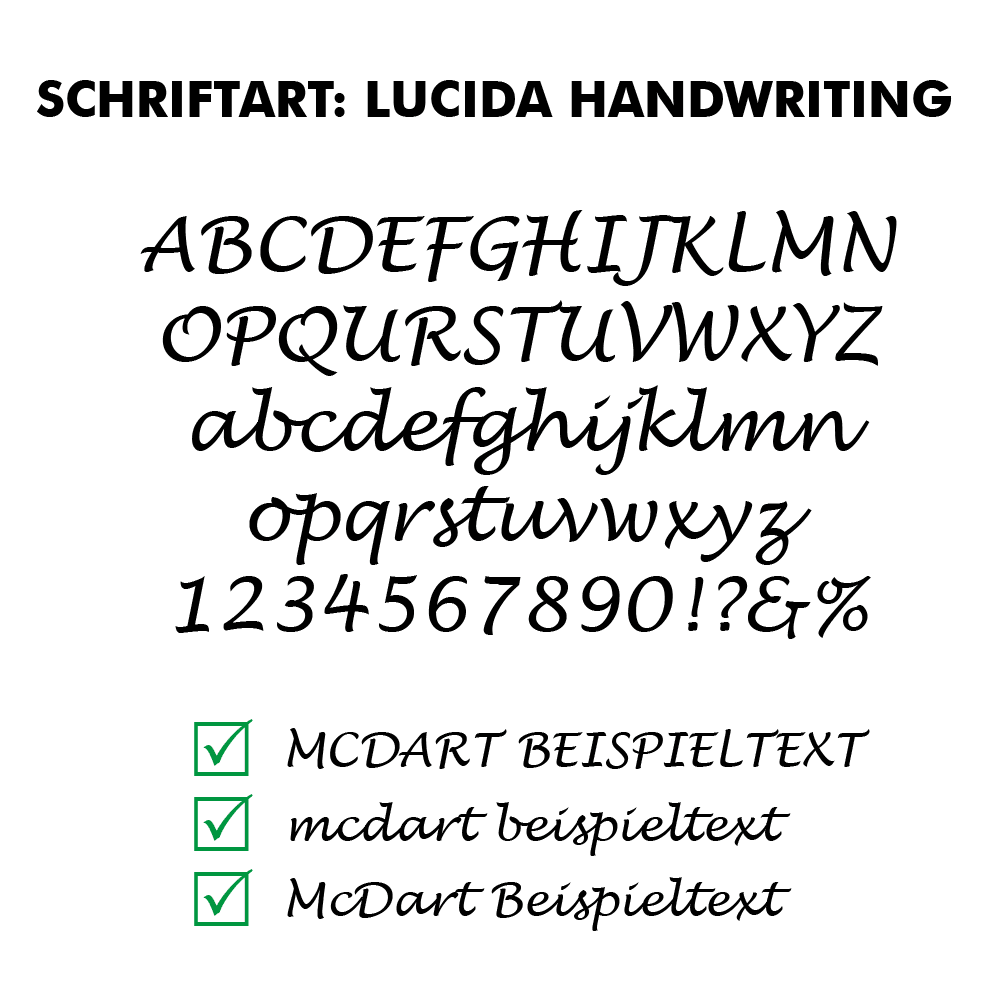 Flightdruck_Schriftart_LucidaHandwritingDVZqOk0nf9IZc Das Bild zeigt die Schriftart "Lucida Handwriting" mit Beispielen für Großbuchstaben, Kleinbuchstaben, Zahlen und Sonderzeichen. Unten werden drei Beispieltexte in verschiedenen Schreibweisen dieser Schriftart angezeigt.