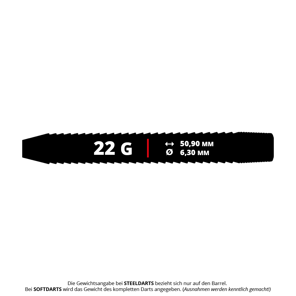 Das Bild zeigt die McDart Shark 3 Steeldart-Barrels - 22g. Die Abbildung hebt das Design und das Gewicht der Barrels hervor.