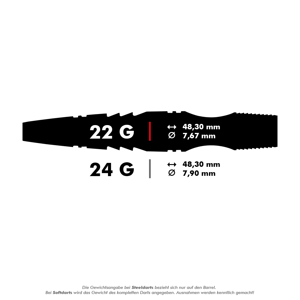 Winmau Sniper Black steel darts Das Bild zeigt die Maße und Gewichte von Winmau Sniper Black Steeldarts. Der 22-Gramm-Dart ist 48,30 mm lang und hat einen Durchmesser von 7,67 mm, während der 24-Gramm-Dart ebenfalls 48,30 mm lang ist, aber einen Durchmesser von 7,90 mm hat.