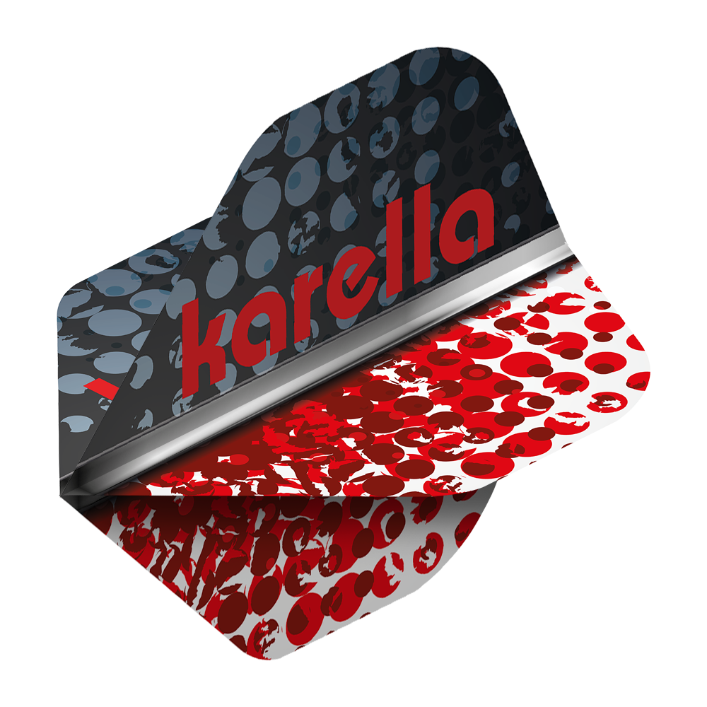 8032-12_Karella_XT-5_No2_Standard_Flights_2 Das Bild zeigt das Produkt "Karella XT-5 No2 Standard Flights". Es hat ein modernes Design mit schwarzen, grauen und roten Punkten und dem roten Schriftzug "karella".