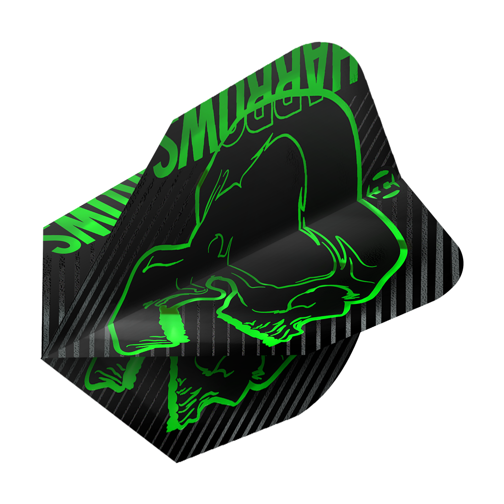 Harrows Rage Green No6 Flights Das Bild zeigt das Produkt "Harrows Rage Green No6 Flights". Die Dart-Flights sind schwarz mit grünen, auffälligen Grafiken und Schriftzügen gestaltet.