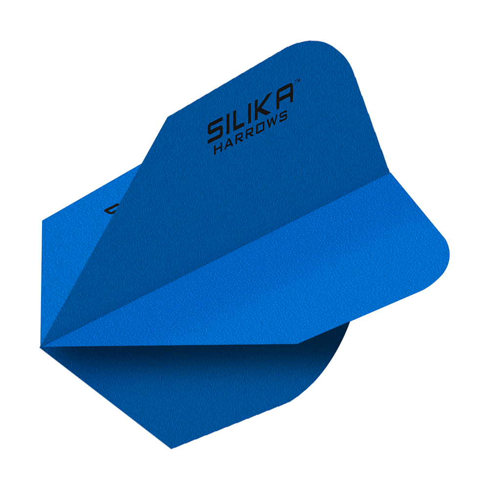 Das Bild zeigt blaue Dartflights mit der Aufschrift "Silika Harrows". Die Flights haben eine feste, kristalline Beschichtung und sind in der Form No6 gestaltet.