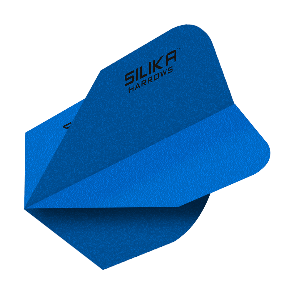 Harrows Silica Solid Tough Crystalline Coating Blue No6 Flights Das Bild zeigt blaue Dartflights mit der Aufschrift "Silika Harrows". Die Flights haben eine feste, kristalline Beschichtung und sind in der Form No6 gestaltet.
