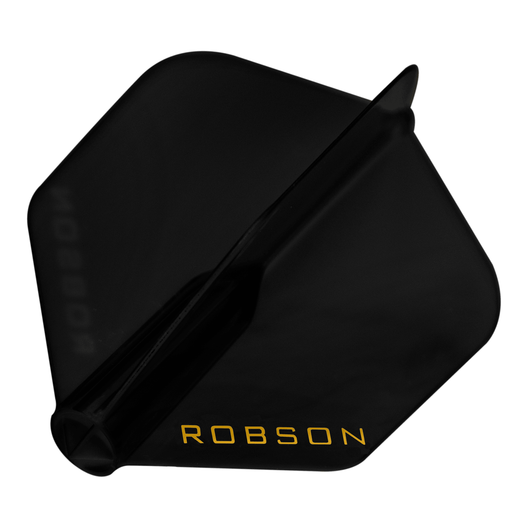Robson Plus Flights - Standard Das Bild zeigt einen schwarzen Dart-Flügel mit der Aufschrift "ROBSON" in gelber Farbe. Der Flügel hat eine standardmäßige, fünfeckige Form.