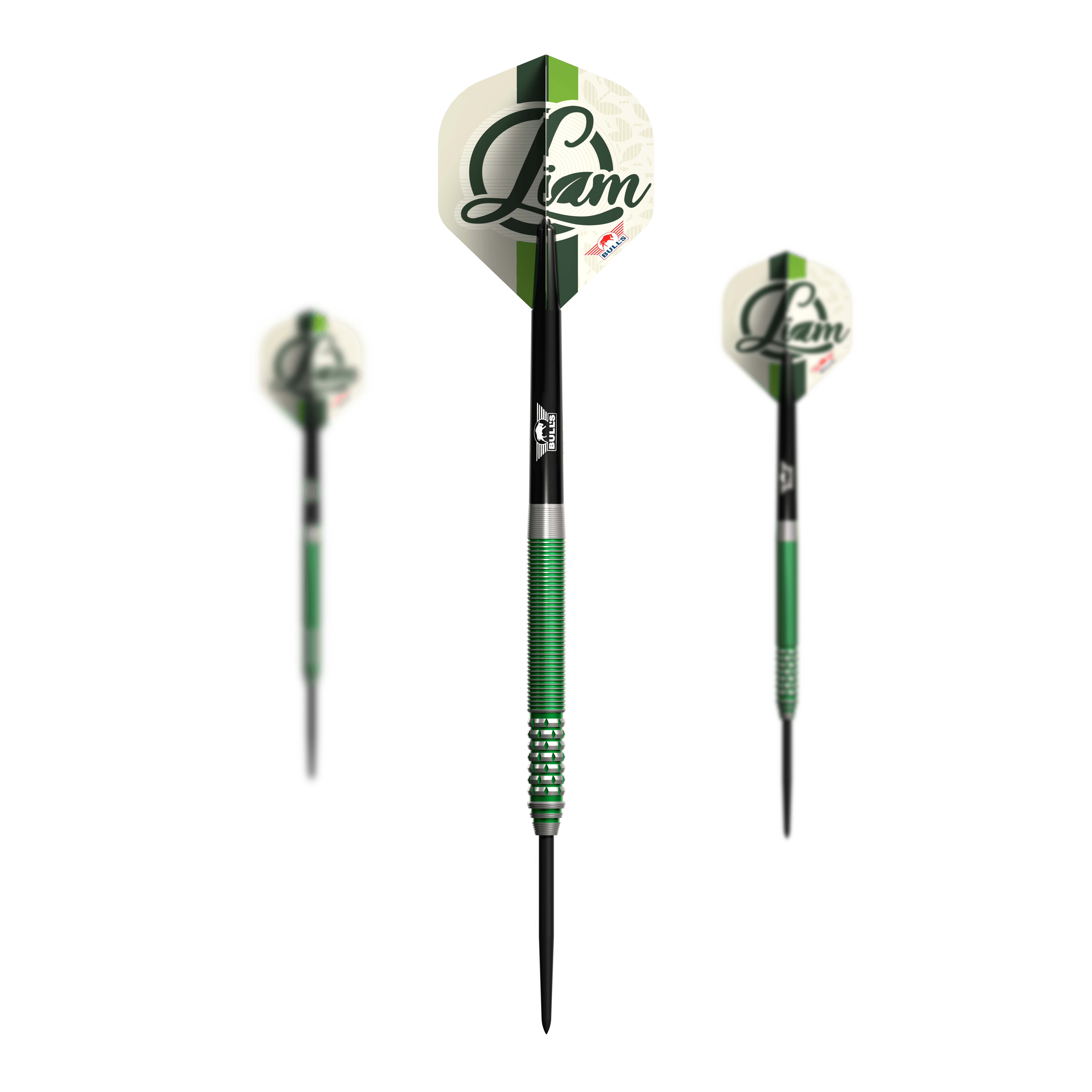 Bulls NL Liam Maendl Lawrance Steeldarts - 23g Das Bild zeigt drei Steeldarts des Modells "Bulls NL Liam Maendl Lawrance Steeldarts - 23g". Die Darts haben grüne Akzente und zeigen den Namen "Liam" auf den Flights.