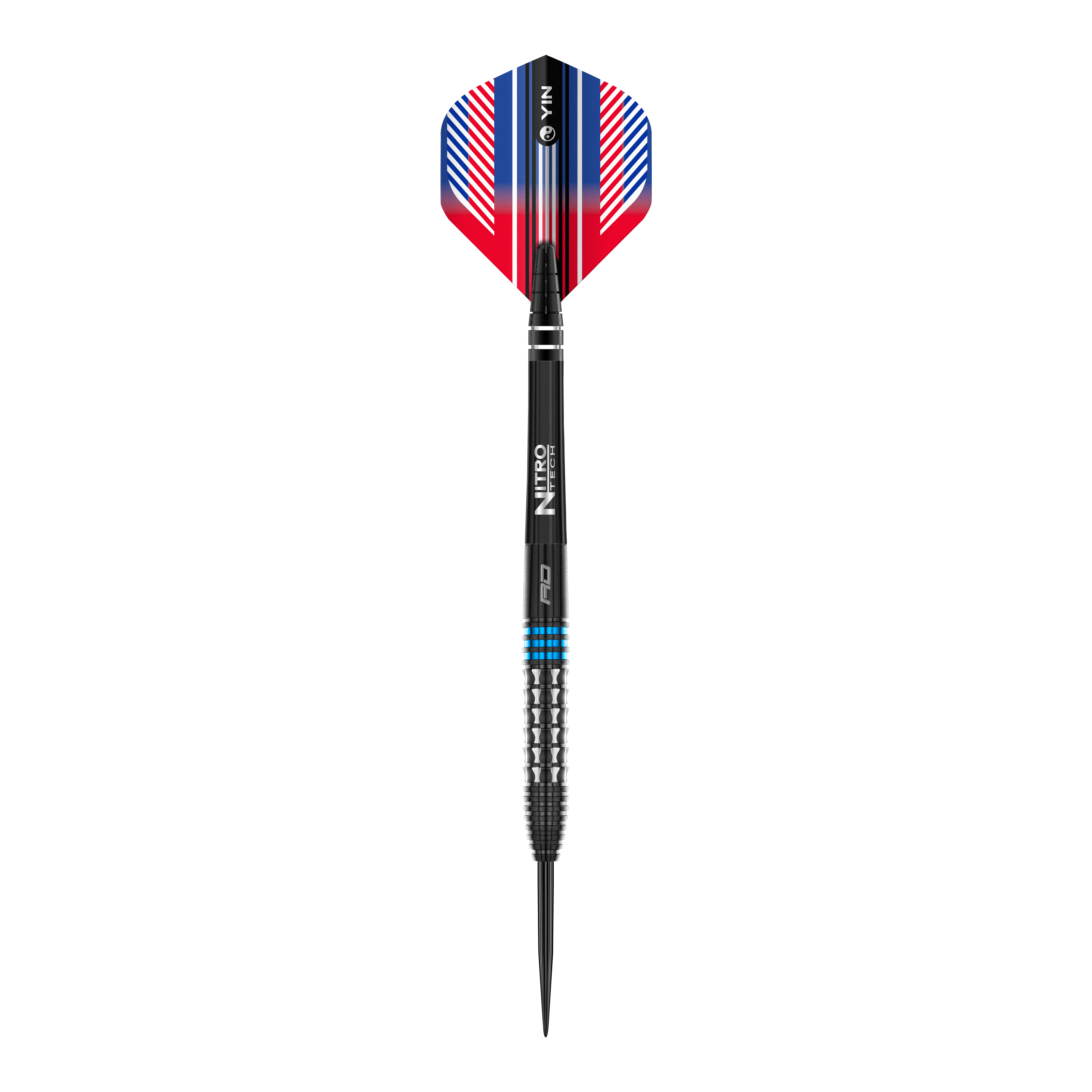 Das Bild zeigt einen Red Dragon Vengeance Blue Steeldart. Der Dart hat blaue und silberne Akzente sowie einen farbigen Flight in Rot, Blau und Weiß.