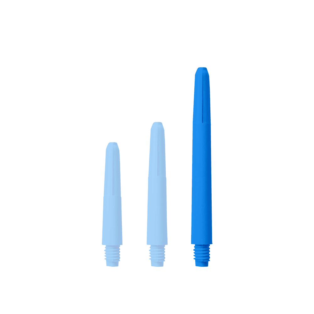 574_Nylon_Shafts_Blau_48mm_1Bvzzvt0GQ8W3G Das Bild zeigt drei blaue Nylon-Schäfte in unterschiedlichen Längen. Sie haben ein Schraubgewinde an einem Ende und sind für den Einsatz bei Darts gedacht.