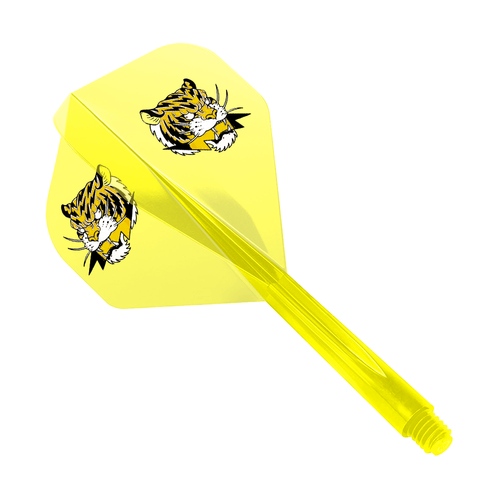 Condor AX Inazuma Tiger Mix Flight System Yellow Clear - Standard Das Bild zeigt einen gelben Dart-Flight mit zwei Tigerköpfen als Motiv. Das Produkt ist das "Condor AXE Inazuma Tiger Mix Flight-System Yellow Clear - Standard".