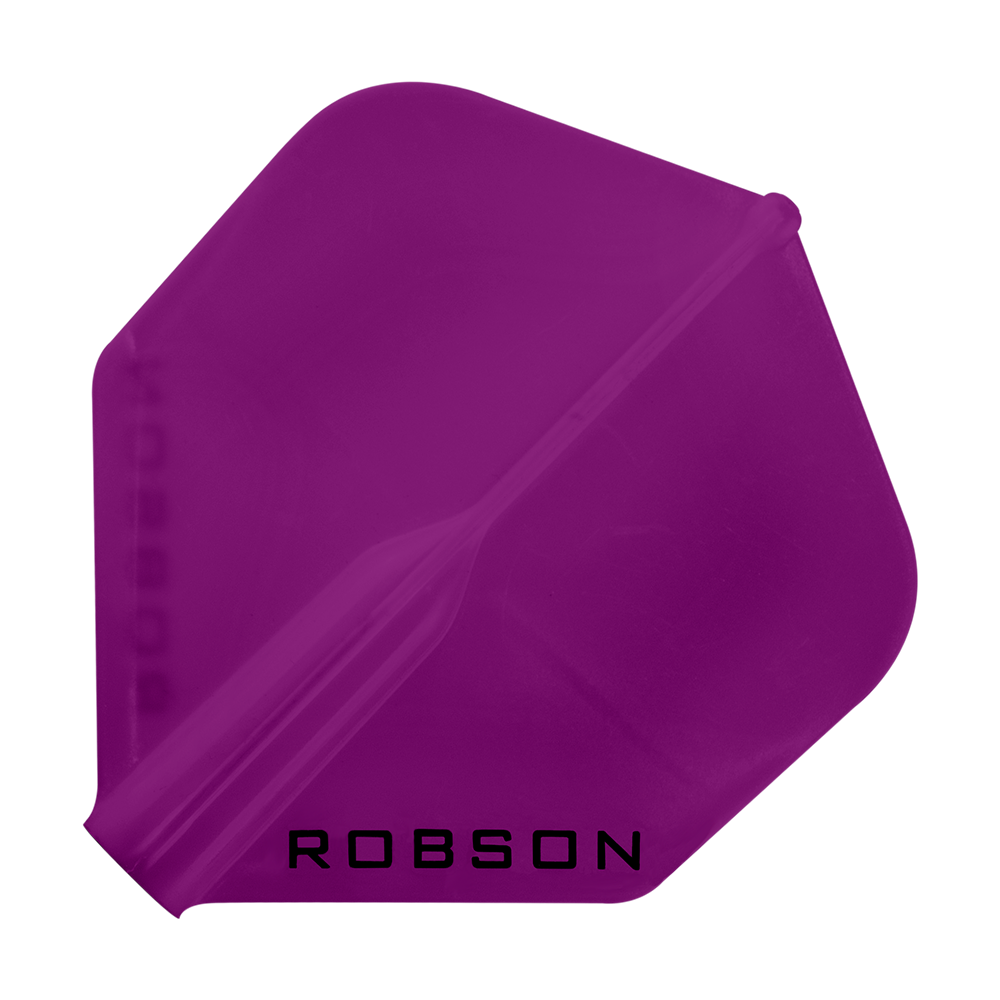 Das Bild zeigt ein violettes Dartflugblatt in Standardform. Unten auf dem Flugblatt steht das Wort "ROBSON".