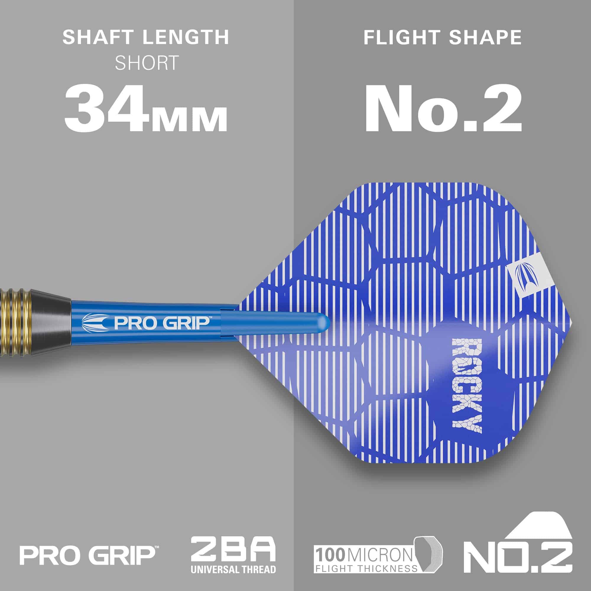 Target Josh Rock Brass Steel Darts - 22g Das Bild zeigt einen Target Josh Rock Brass Steeldart mit einem blauen PRO GRIP Schaft. Der Schaft ist 34 mm lang und das Flight hat die Form No.2.
