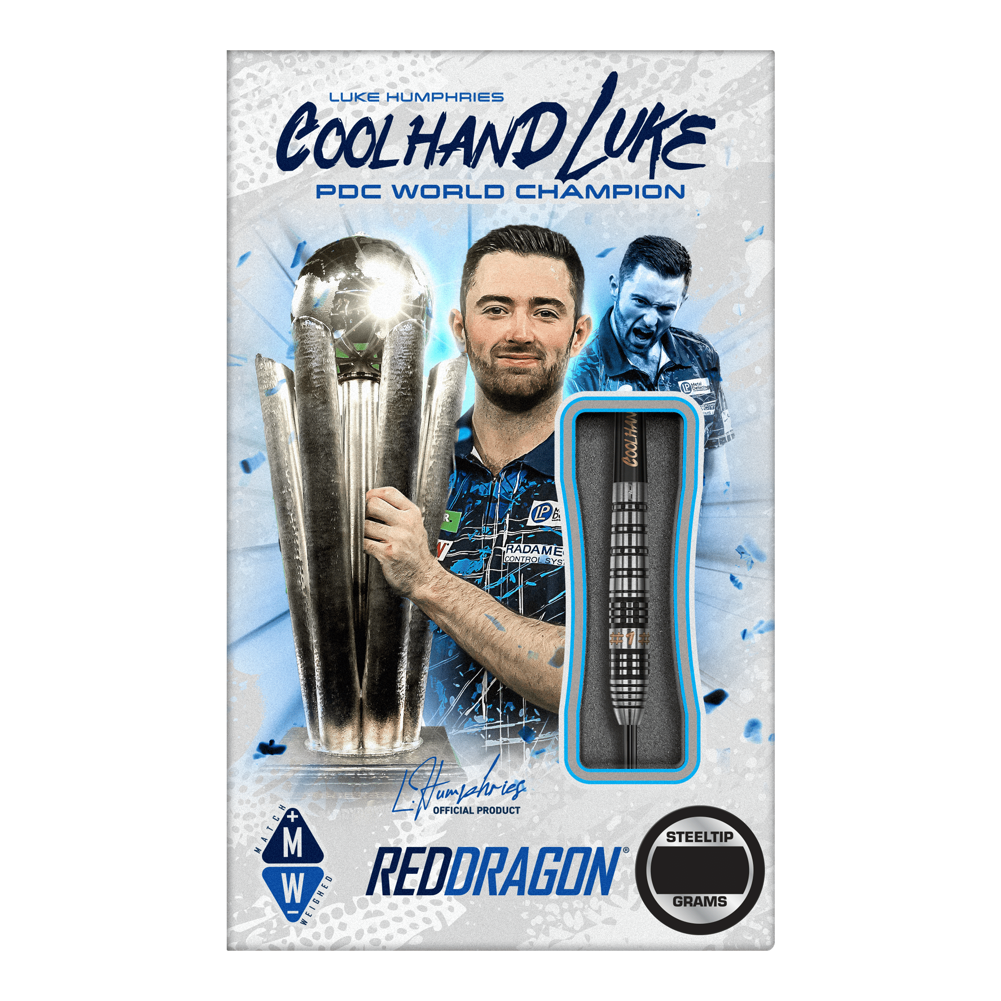 Red Dragon Luke Humphries Prestige Steel Darts Das Bild zeigt das Produkt "Red Dragon Luke Humphries Prestige Steeldarts". Auf der Verpackung ist Luke Humphries mit einem Pokal und einem Steeldart abgebildet.