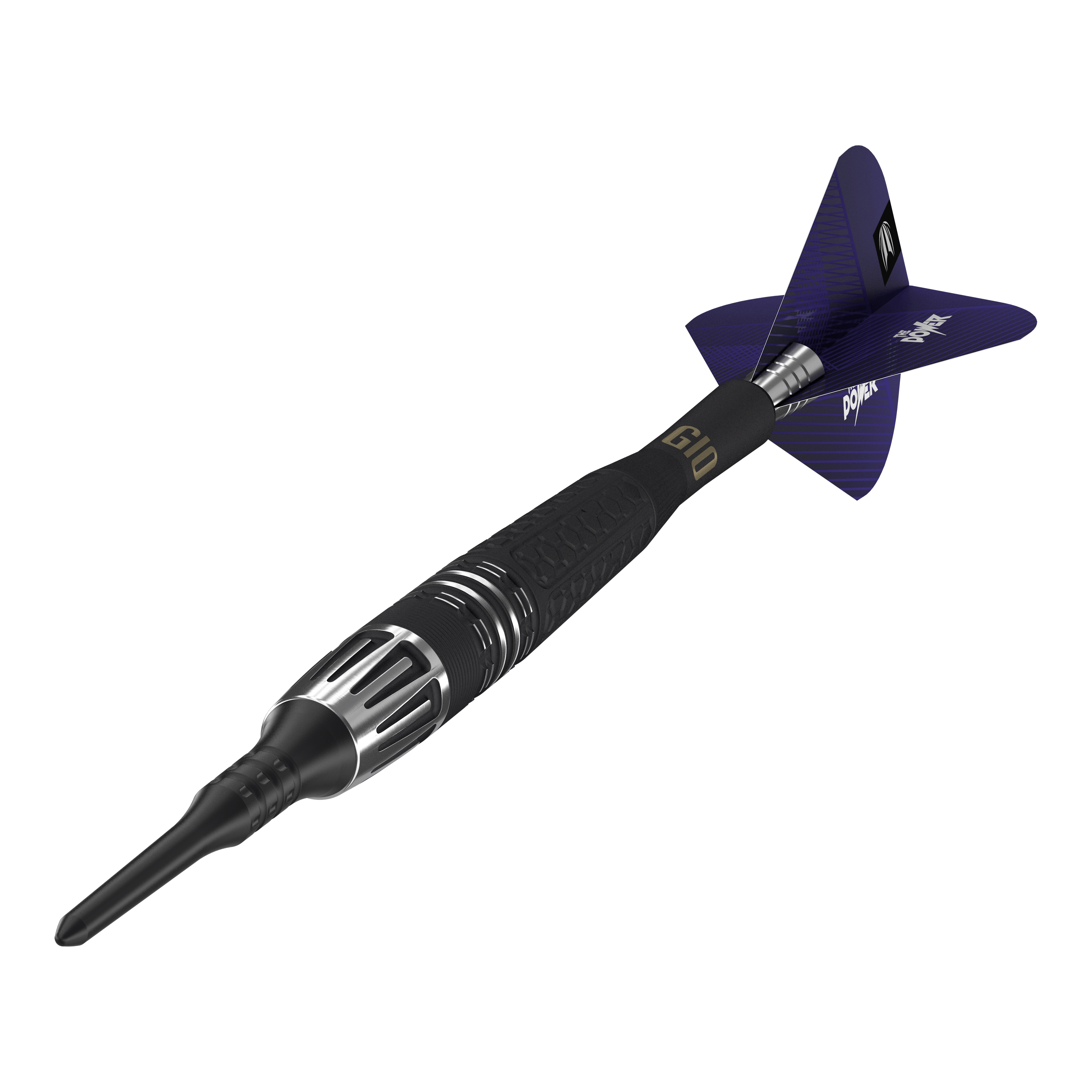Target Phil Taylor Power 9Five GEN10 soft darts Auf dem Bild ist ein Target Phil Taylor Power 9Five GEN10 Softdart zu sehen. Der Dartpfeil hat ein modernes Design mit schwarzen und silbernen Details sowie blauen Flights.
