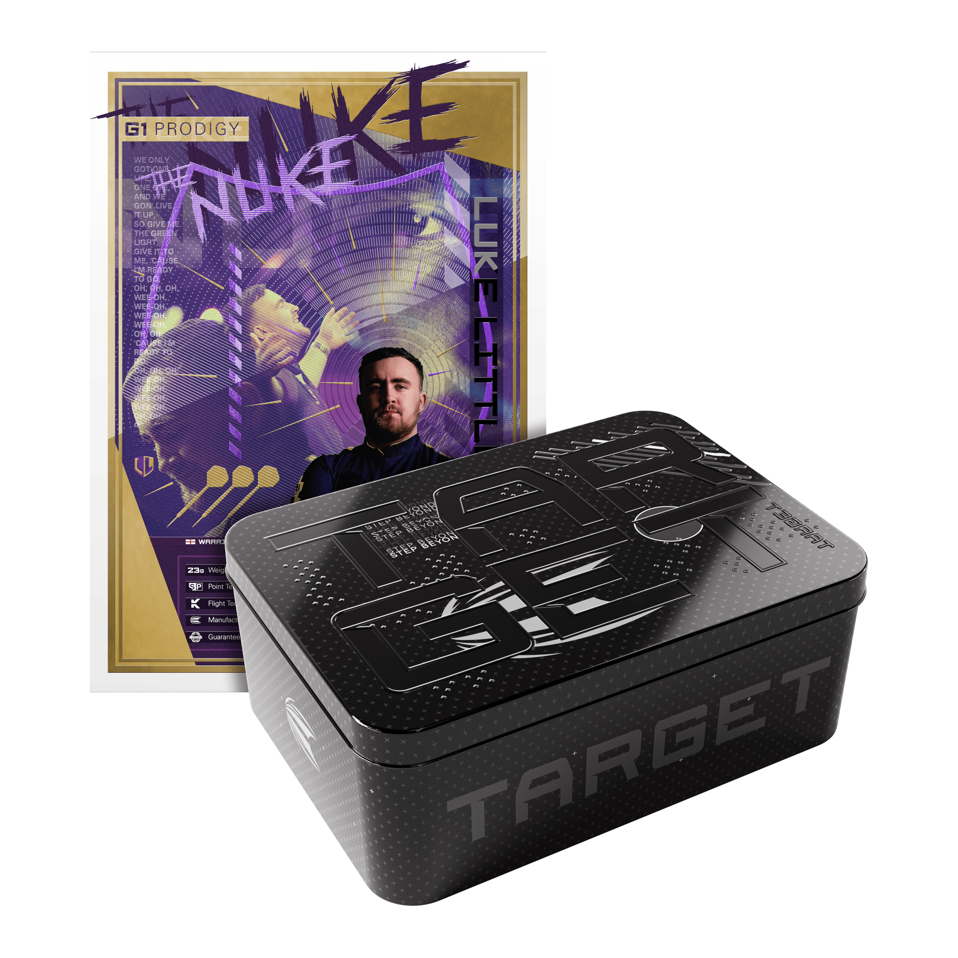 Target Luke Littler GEN1 Prodigy Swiss Point Steel Darts Das Bild zeigt eine Verpackung der "Target Luke Littler GEN1 Prodigy Swiss Point Steeldarts". Im Hintergrund ist ein farbenfrohes Poster mit dem Bild eines Dartspielers zu sehen.