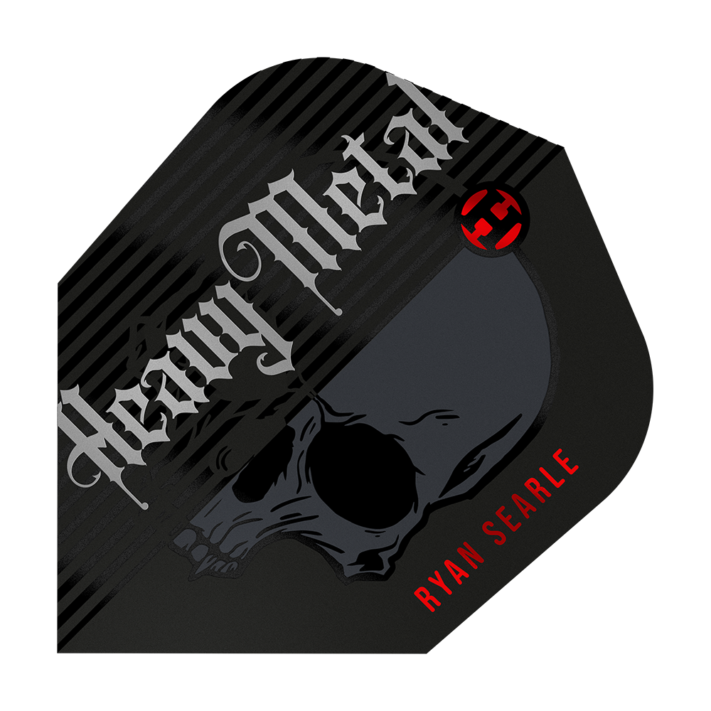 Harrow's Ryan Searle Heavy Metal Series 2 Flights Das Bild zeigt ein Dart-Flight mit dem Aufdruck "Heavy Metal" und einem Totenkopf-Design. Unten rechts steht in roten Buchstaben der Name "Ryan Searle".