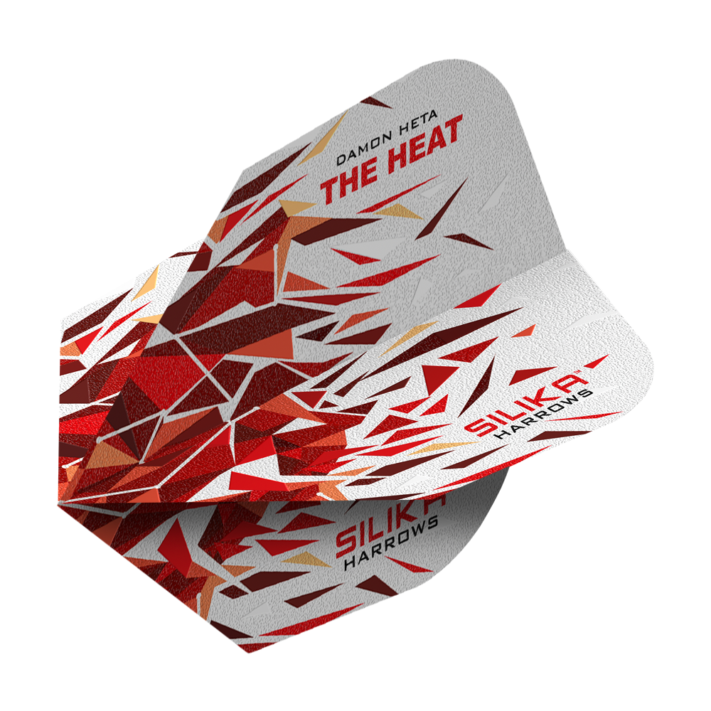 Dies ist ein Harrows Silika Damon Heta 2 Solid Tough Crystalline Coating No6 Flight. Das Flight-Design zeigt ein auffälliges Muster in Rot-, Weiß- und Goldtönen mit den Aufschriften "THE HEAT" und "SILIKA".