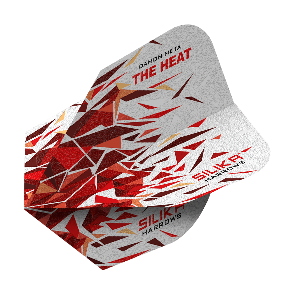 Harrows Silika Damon Heta 2 Solid Tough Crystalline Coating No6 Flights Dies ist ein Harrows Silika Damon Heta 2 Solid Tough Crystalline Coating No6 Flight. Das Flight-Design zeigt ein auffälliges Muster in Rot-, Weiß- und Goldtönen mit den Aufschriften "THE HEAT" und "SILIKA".