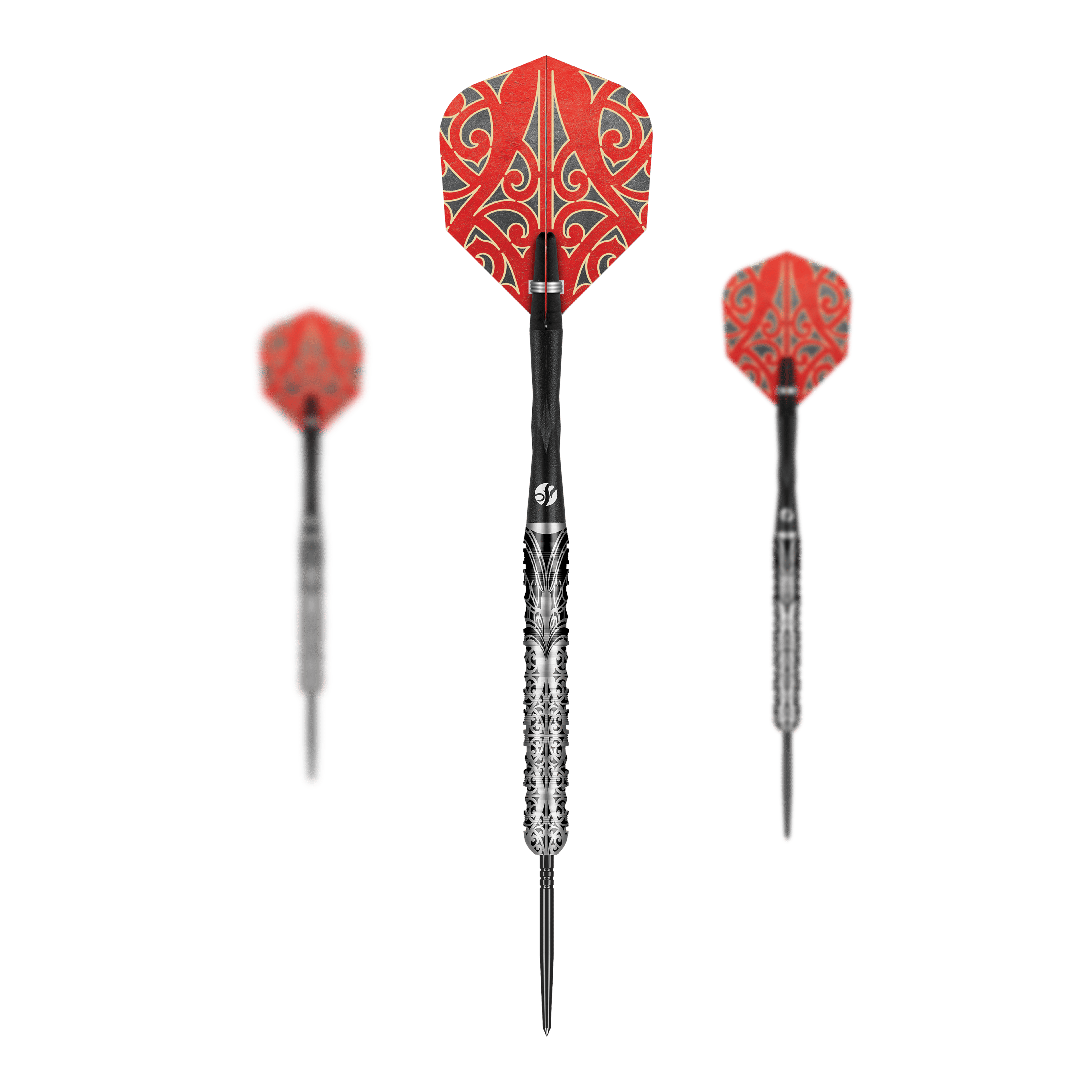 Shot Warrior Taiaha Turbo Point Steeldarts Das Produktfoto zeigt mehrere Shot Warrior Taiaha TurboPoints Steeldarts. Die Darts sind detailliert gestaltet.