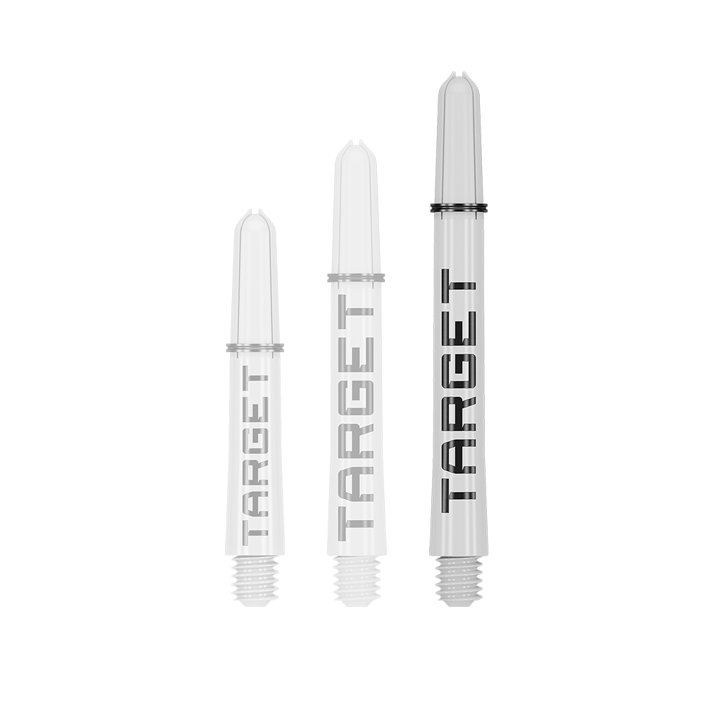 Auf dem Bild sind drei weiße Dartschäfte in unterschiedlichen Längen zu sehen. Auf jedem Schaft steht das Wort "TARGET" in schwarzen Buchstaben.