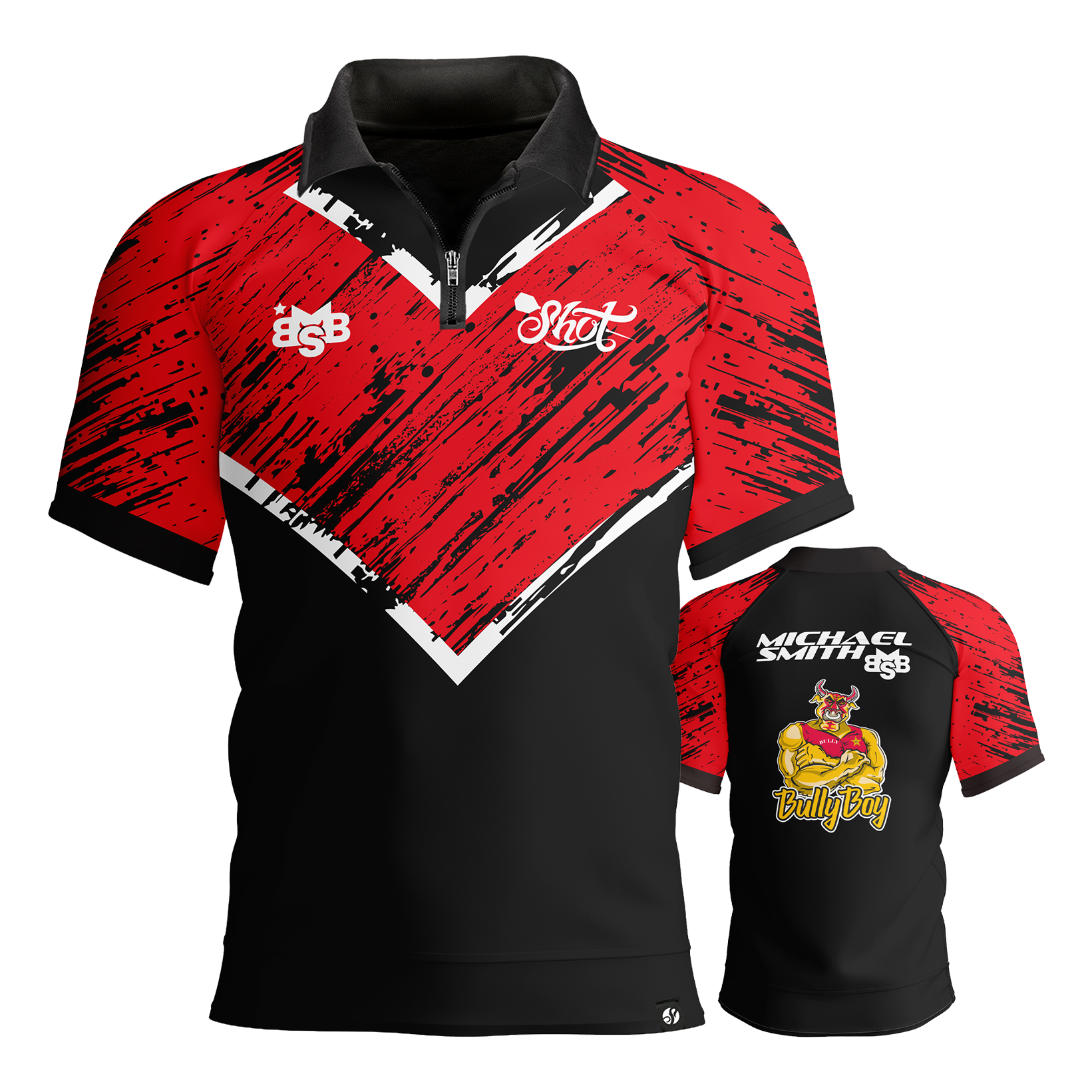 Shot Michael Smith Red Stripe Polo Dart Shirt Abgebildet wird das Shot Michael Smith Red Strip Polo Dartshirt. Dieses Polo ist ideal für Dartspieler und Fans.