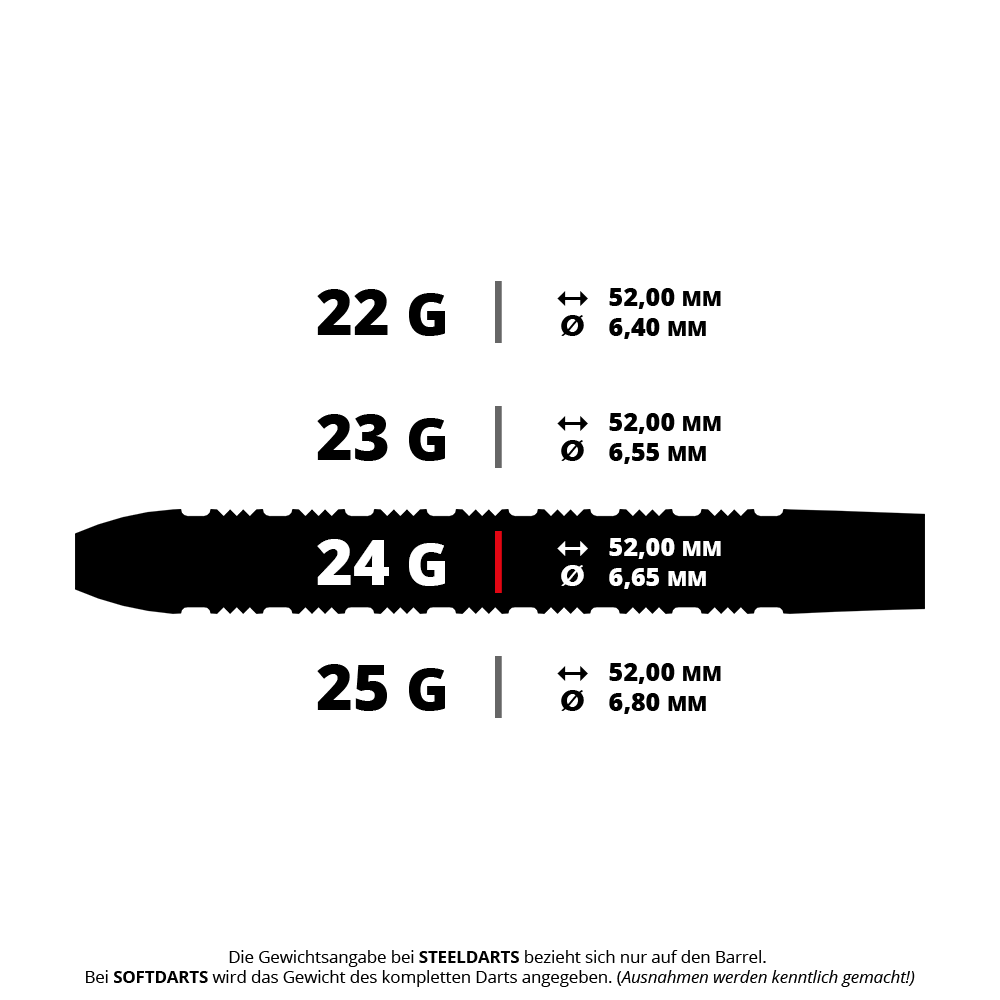 Das Foto zeigt BT0230 Bullet Shadow Steeldarts, die 24 Gramm wiegen. Diese Darts eignen sich ideal für ambitionierte Spieler.