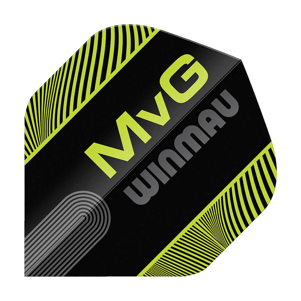 Winmau Prism Delta MvG Black Green Text No2 Standard Flights Zu sehen ist das Produkt Winmau Prism Delta MvG Black Green Text No2 Standard Flights. Die Flights sind für Darts, in den Farben Schwarz und Grün mit Text.