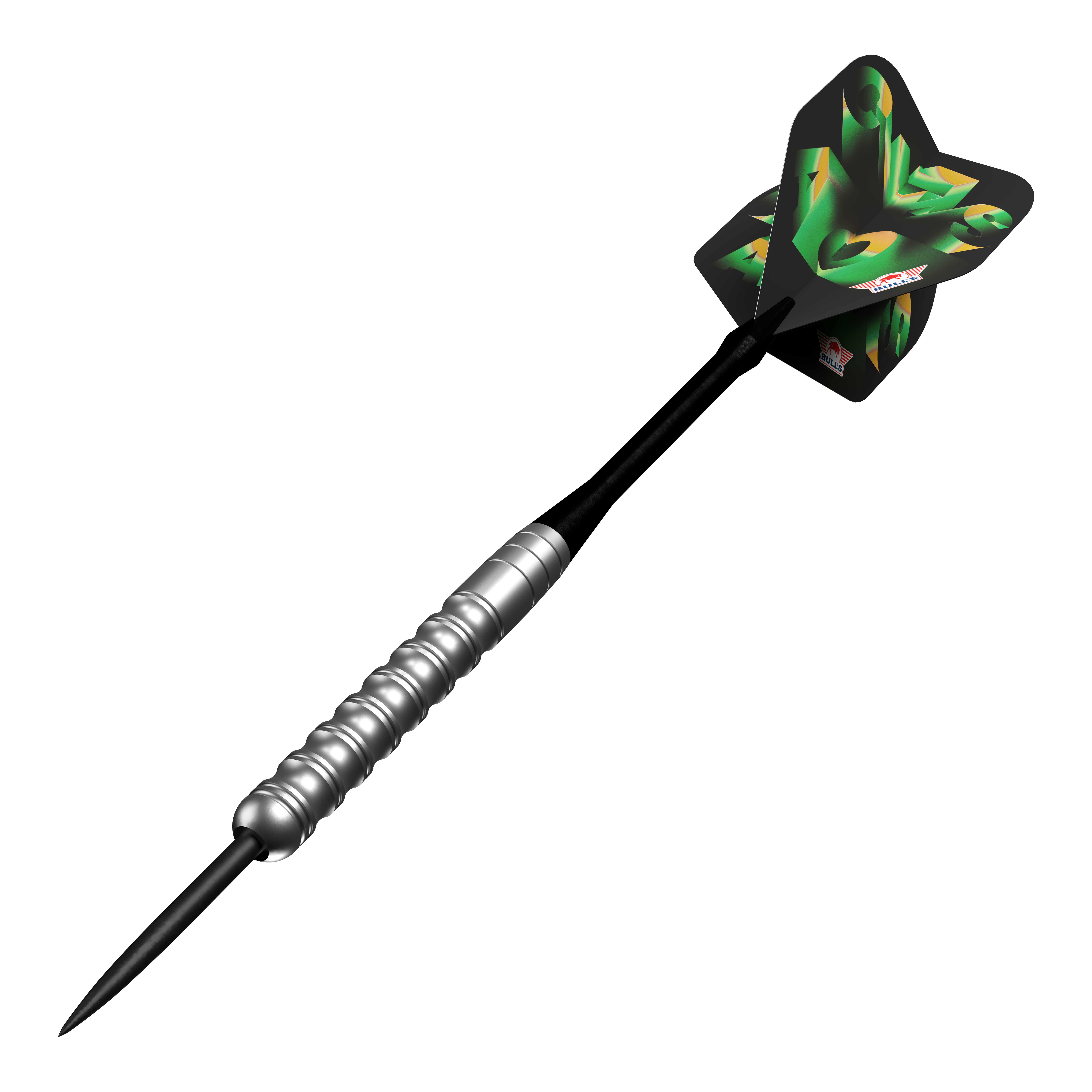 Das Bild zeigt die Bulls NL Chaos Green Steeldarts - 24g. Die grünen Steeldarts sind nebeneinander angeordnet.