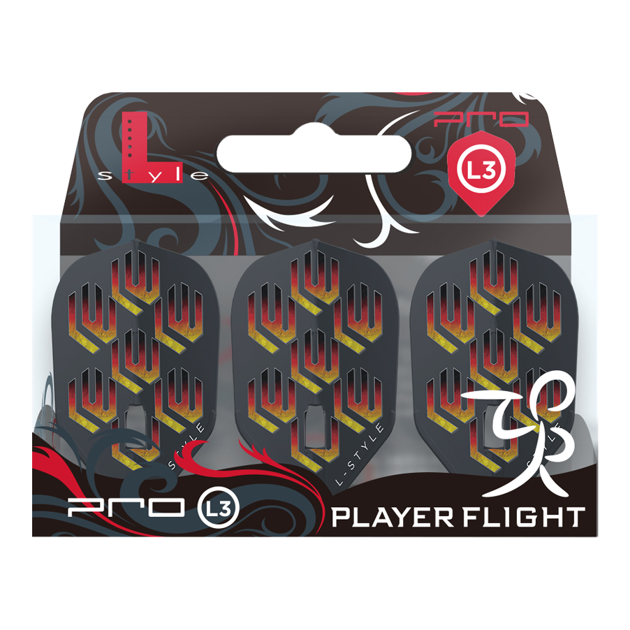 L-L-Styleukas Wenig V1 Black L3PRO Flights Das Bild zeigt die "L-Style Lukas Wenig V1 Black L3PRO Flights" in ihrer Verpackung. Die Flights sind schwarz mit einem rot-gelben Muster und dem Schriftzug "L-Style".