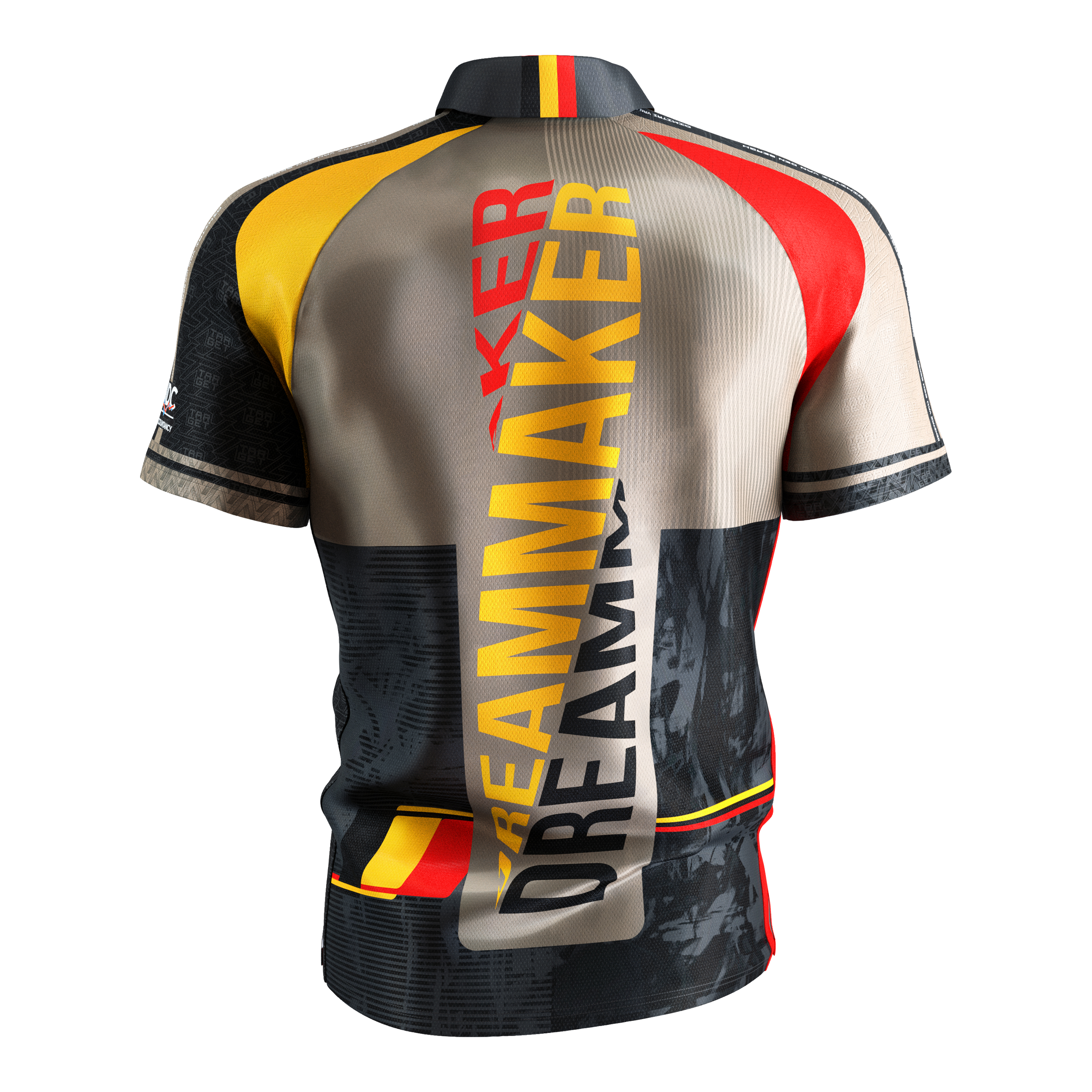 Target Coolplay Dimitri Van Den Bergh 2025 dart shirt Dies ist das Target Coolplay Dimitri Van Den Bergh 2025 Dartshirt. Auf der Rückseite steht in großen Buchstaben "DREAMMAKER" und das Shirt hat auffällige Farben in Gelb, Rot und Schwarz.