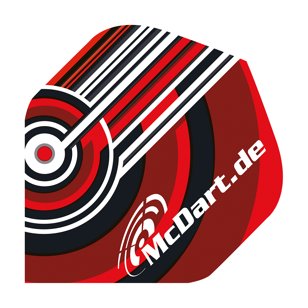 McDart Design V4 Standard Flights Das Bild zeigt das Produkt "McDart Design V4 Standard Flights". Das Flight-Design ist in Rot, Schwarz und Weiß gehalten und trägt die Aufschrift "McDart.de".